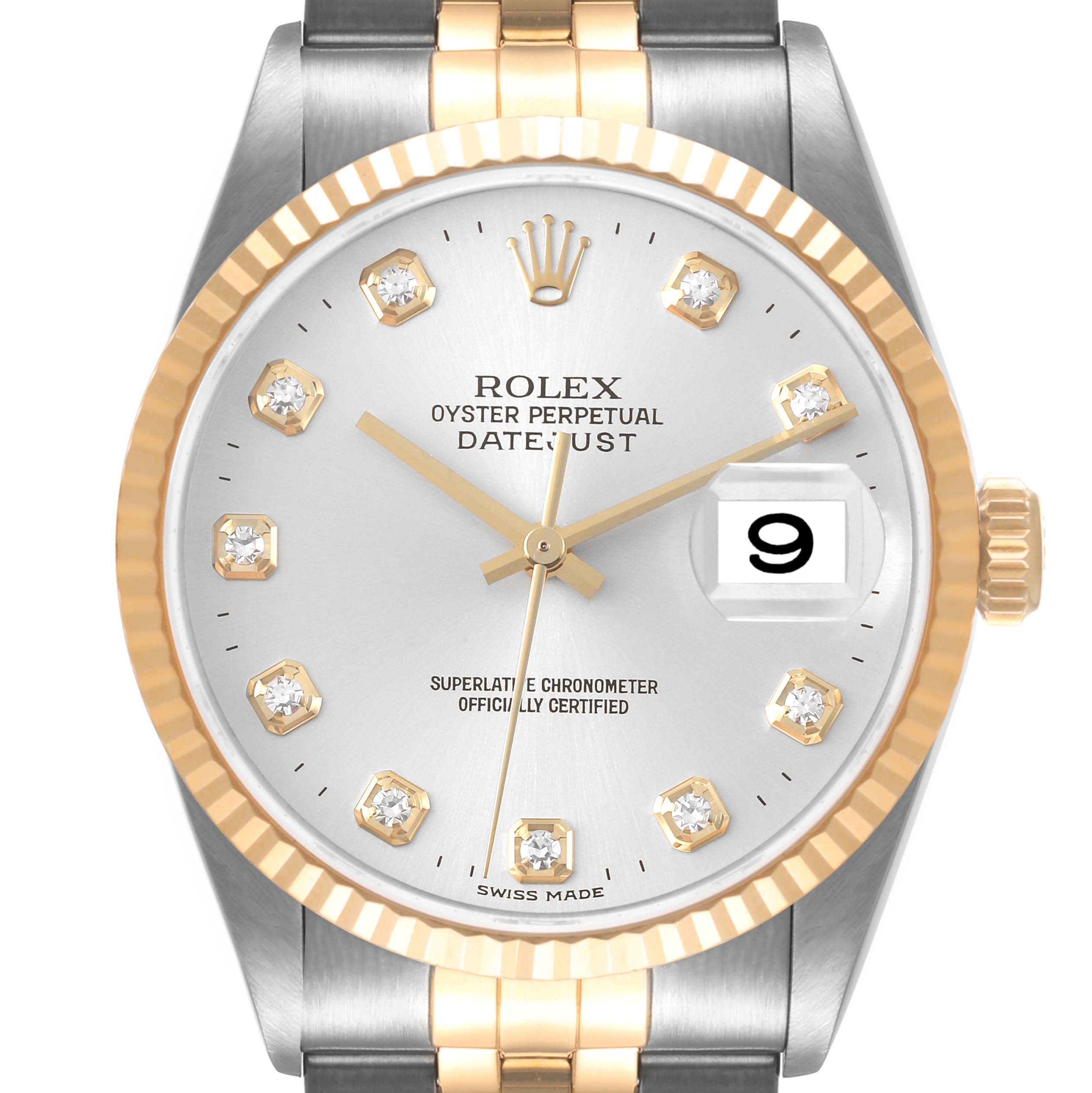 The image shows a front view of a Rolex Datejust 16233 Men's Steel and Gold (two tone) Silver Dial 16233 Men's Steel and Gold (two tone) Silver Dial watch, highlighting its dial, markers, hands, bezel, and part of the bracelet.