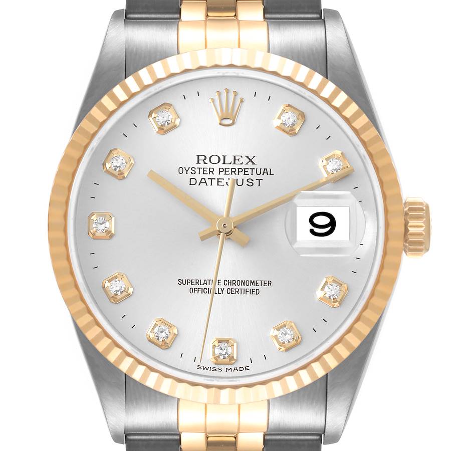 The image shows a front view of a Rolex Datejust watch, highlighting its dial, markers, hands, bezel, and part of the bracelet.