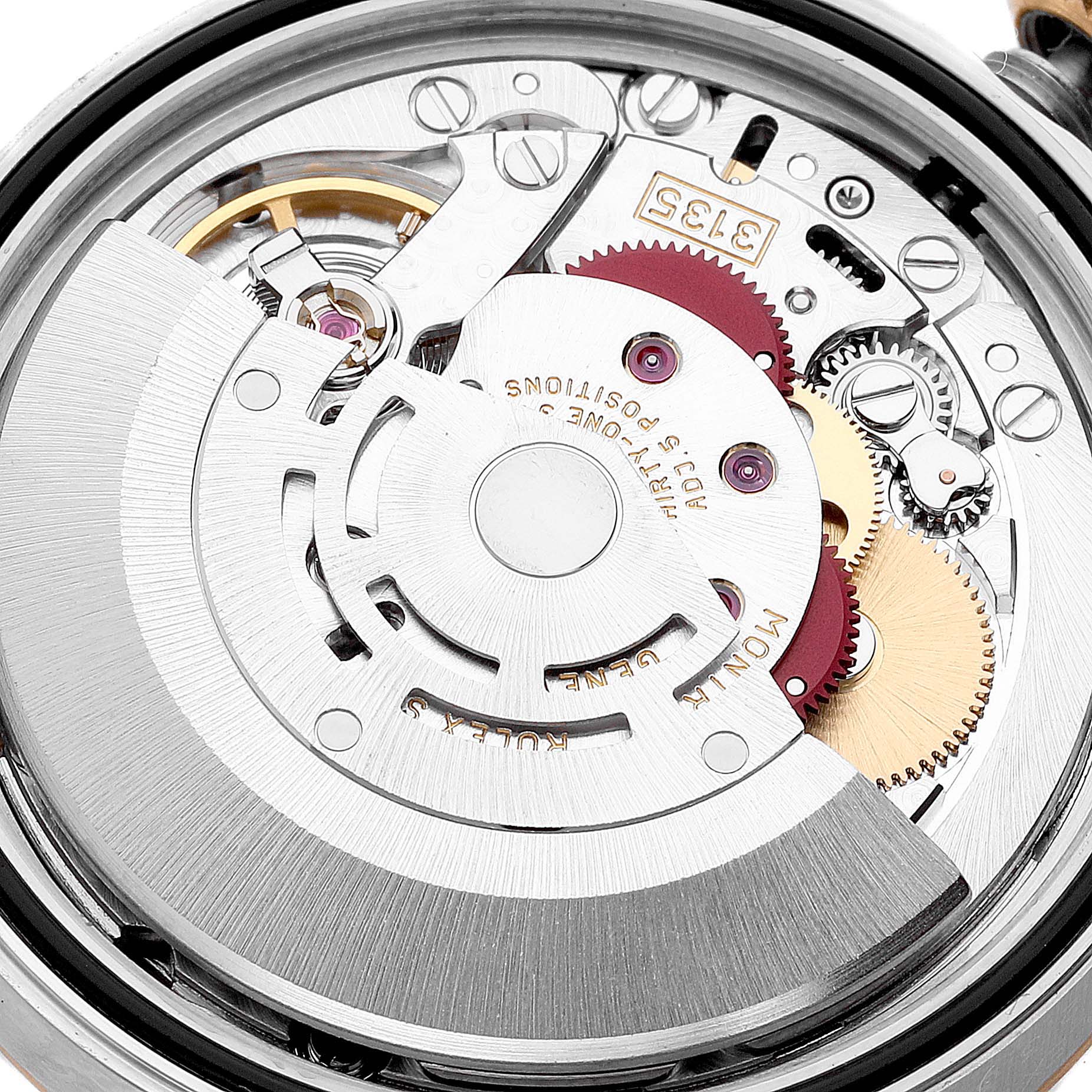 This is a close-up view of the internal movement of a Rolex Datejust 16233 Men's Steel and Gold (two tone) Silver Dial 16233 Men's Steel and Gold (two tone) Silver Dial watch.