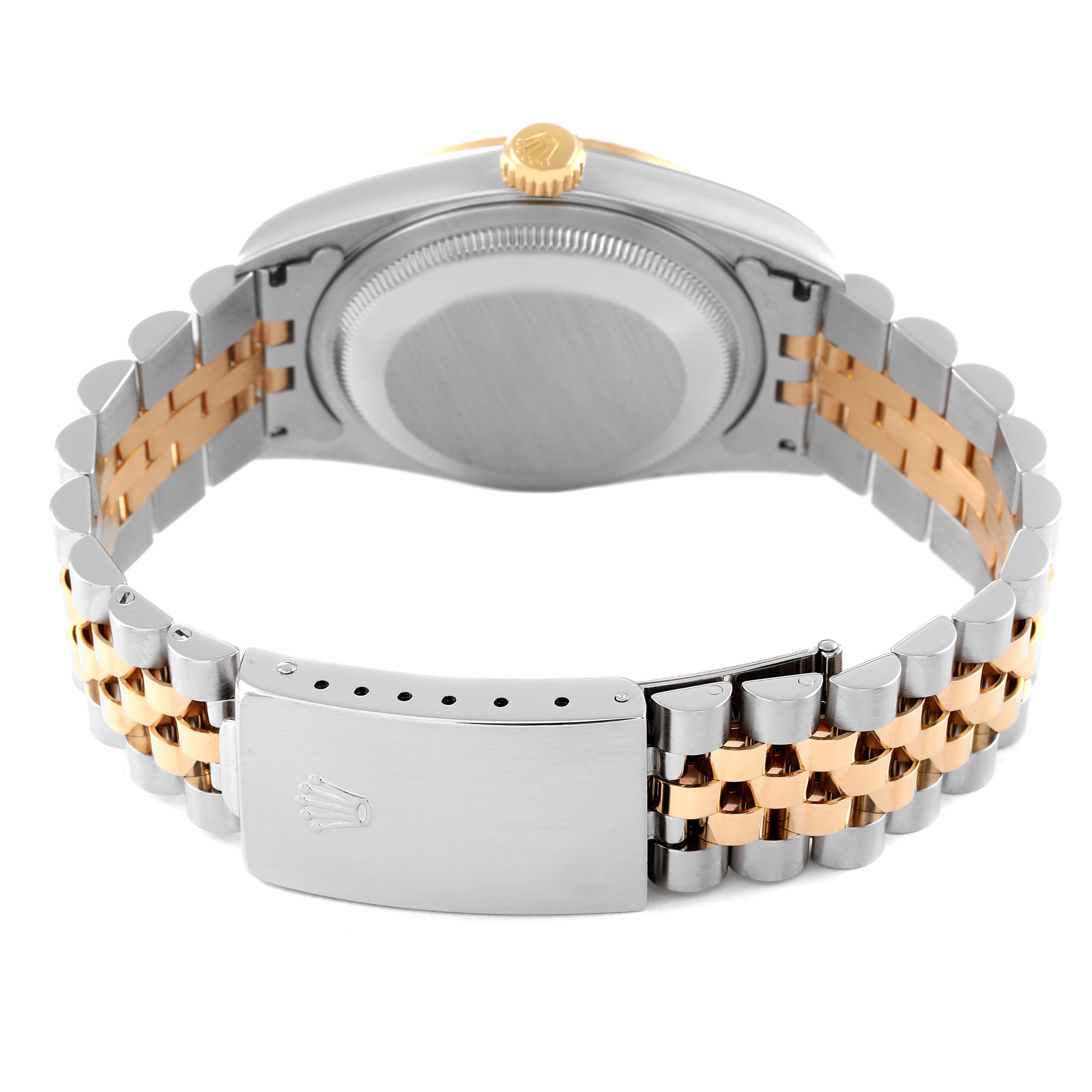 This image shows the back of a Rolex Datejust 16233 Men's Steel and Gold (two tone) Silver Dial 16233 Men's Steel and Gold (two tone) Silver Dial watch, highlighting the two-tone bracelet, clasp, and caseback.