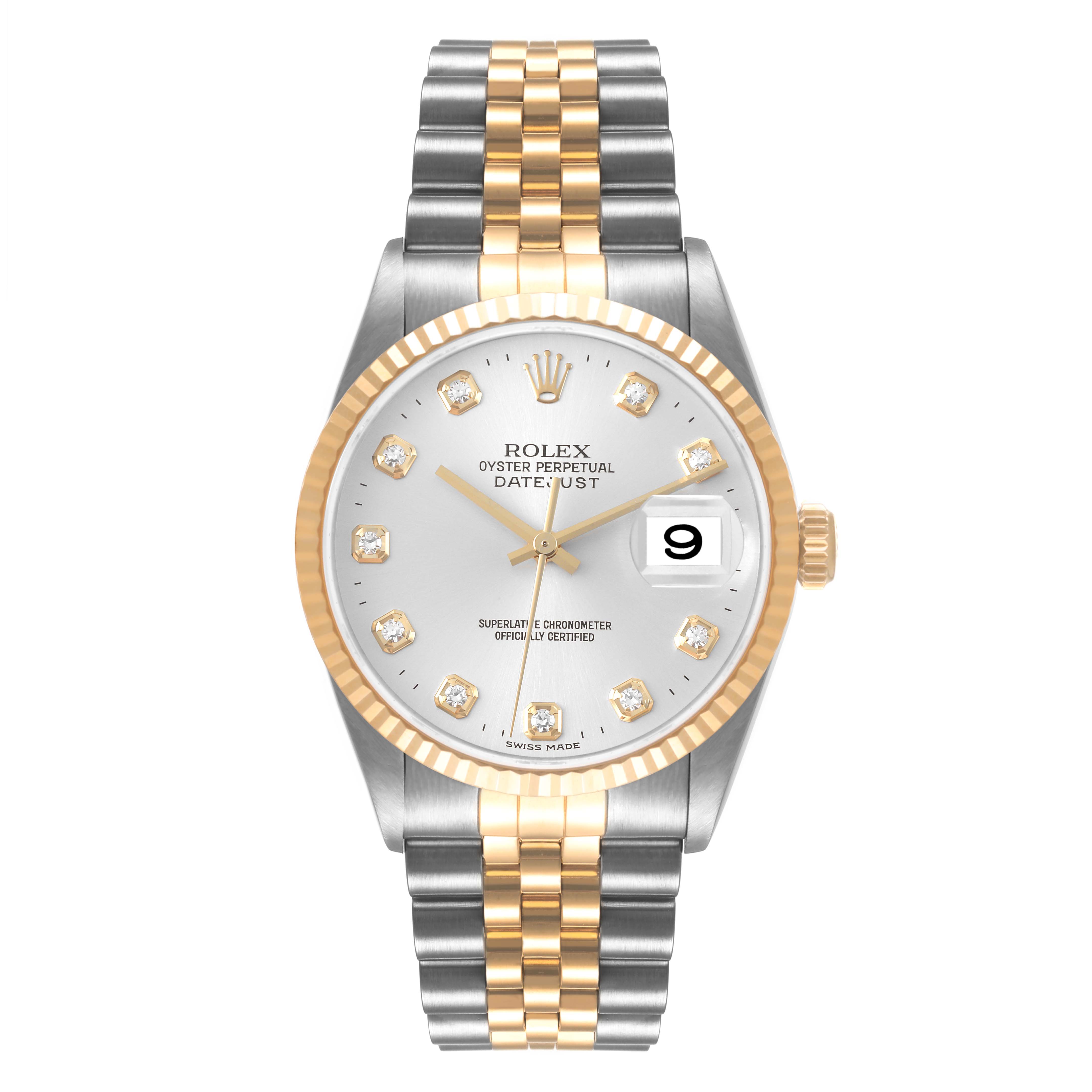 This is a front view of a Rolex Datejust 16233 Men's Steel and Gold (two tone) Silver Dial 16233 Men's Steel and Gold (two tone) Silver Dial watch, showcasing its dial, bezel, and two-tone Jubilee bracelet.
