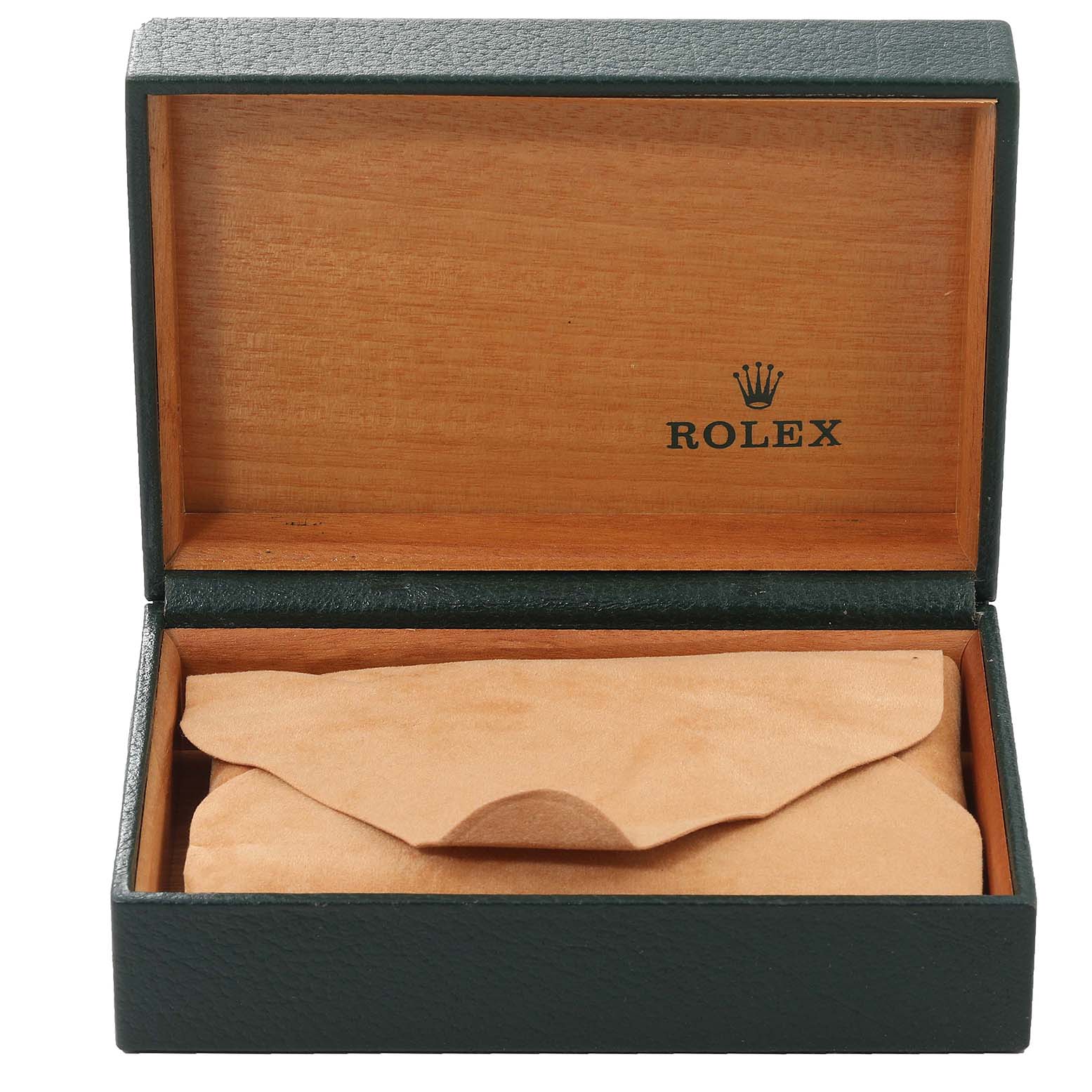 This image shows an open green Rolex box with a tan leather pouch inside for the Datejust model watch.