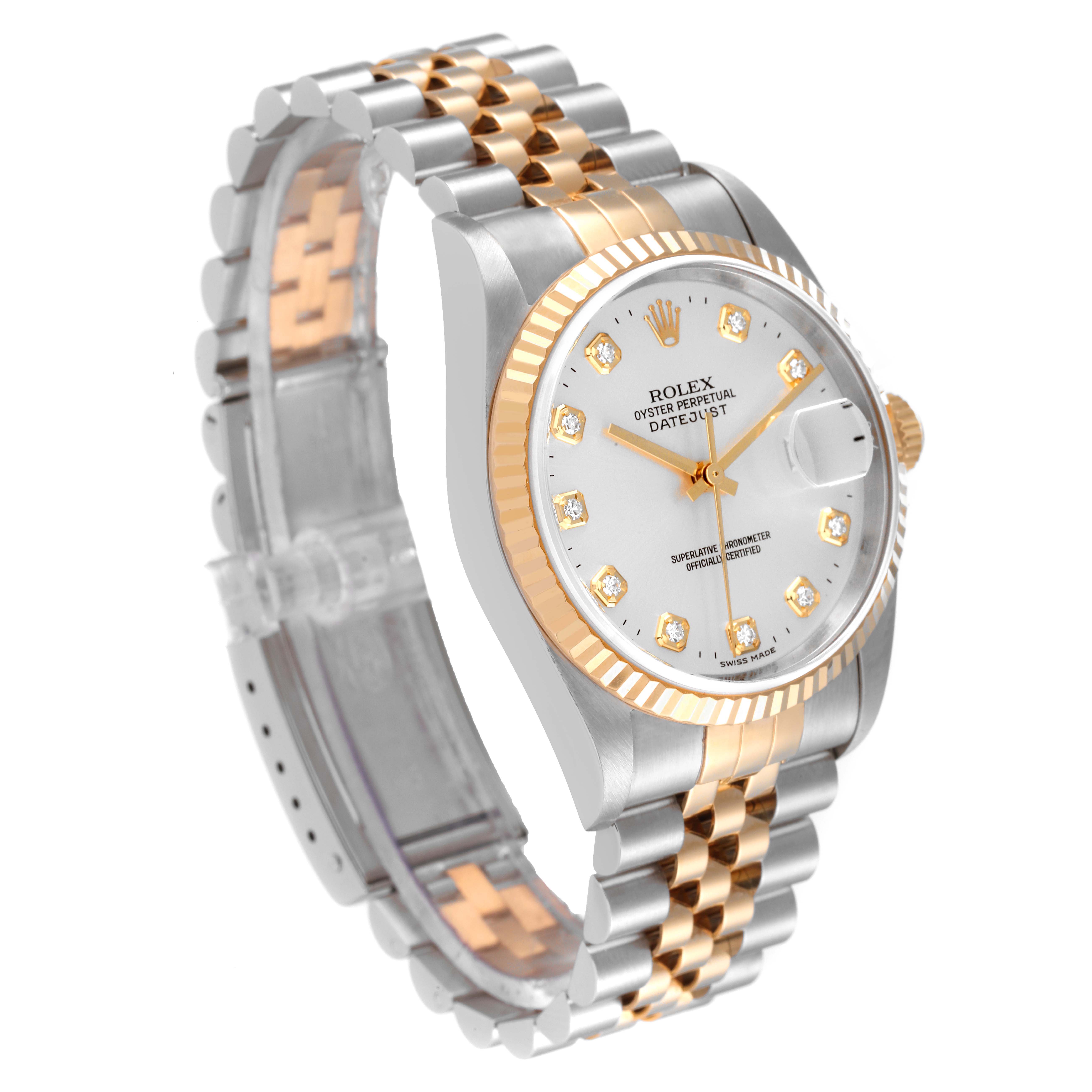 The image shows a Rolex Datejust 16233 Men's Steel and Gold (two tone) Silver Dial 16233 Men's Steel and Gold (two tone) Silver Dial watch at a slight angle, highlighting the face, bezel, and two-tone bracelet.