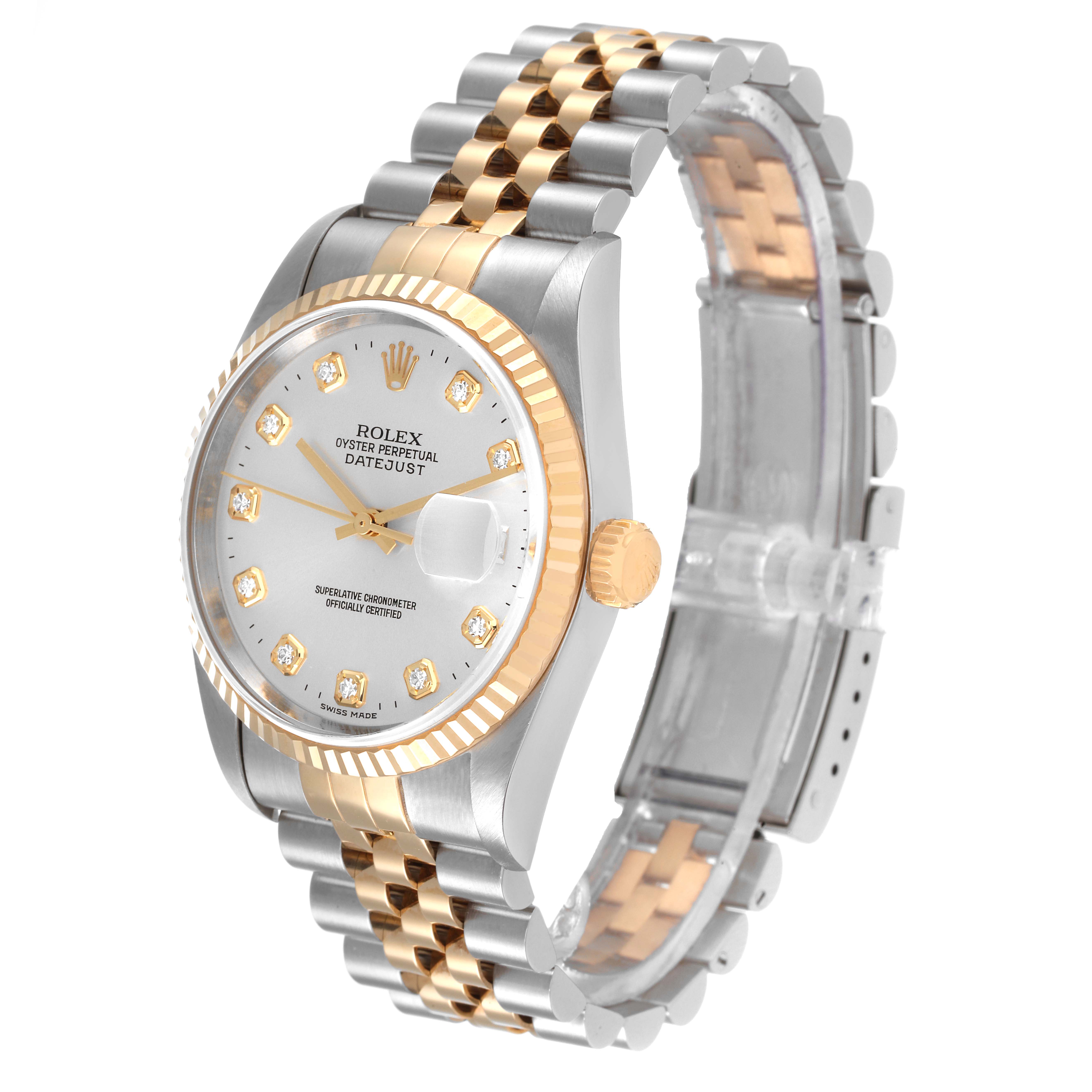 The image shows a Rolex Datejust 16233 Men's Steel and Gold (two tone) Silver Dial 16233 Men's Steel and Gold (two tone) Silver Dial watch at a 45-degree angle, highlighting the dial, bezel, and two-tone bracelet.