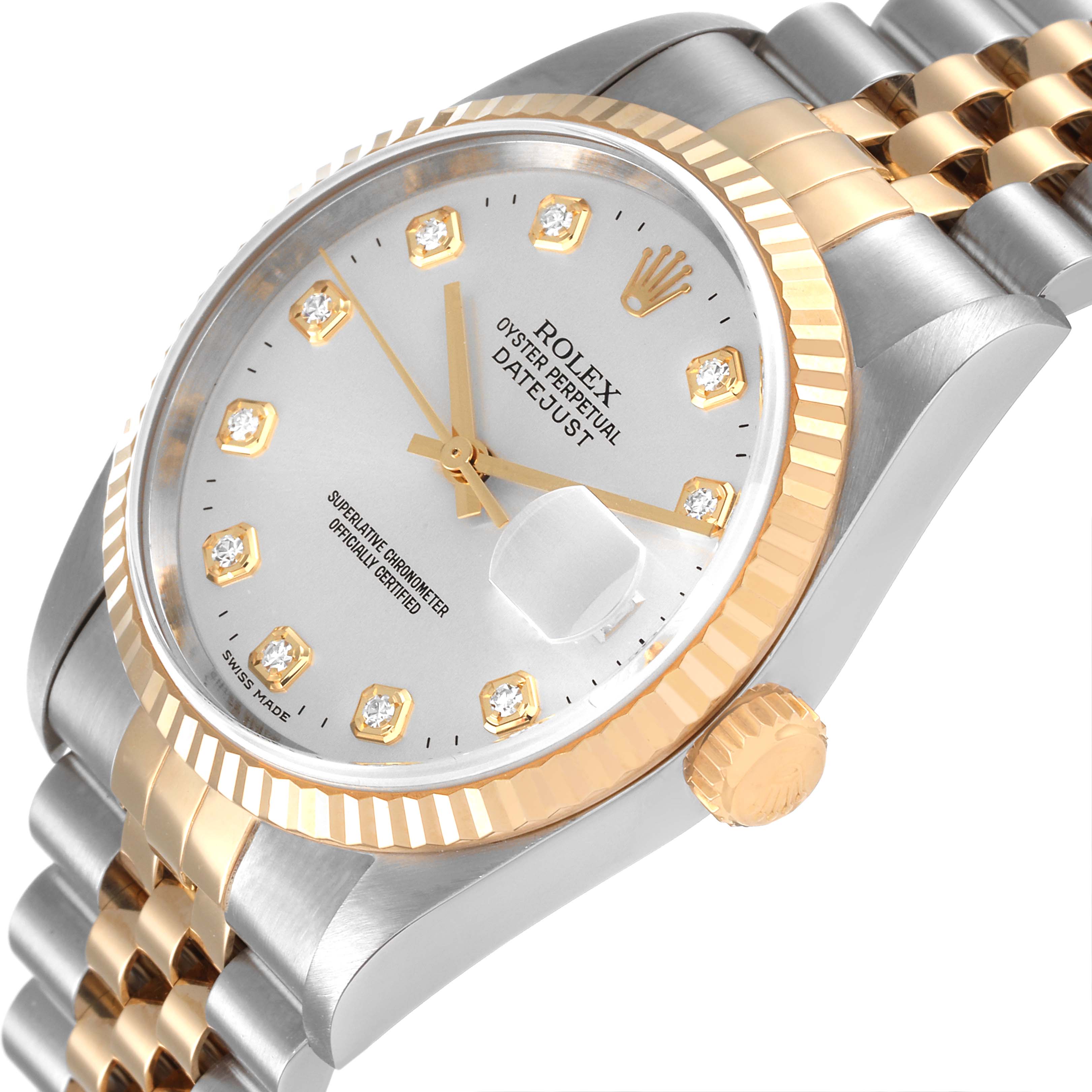 This image shows a close-up, angled view of the face and bracelet of a Rolex Datejust 16233 Men's Steel and Gold (two tone) Silver Dial 16233 Men's Steel and Gold (two tone) Silver Dial watch.