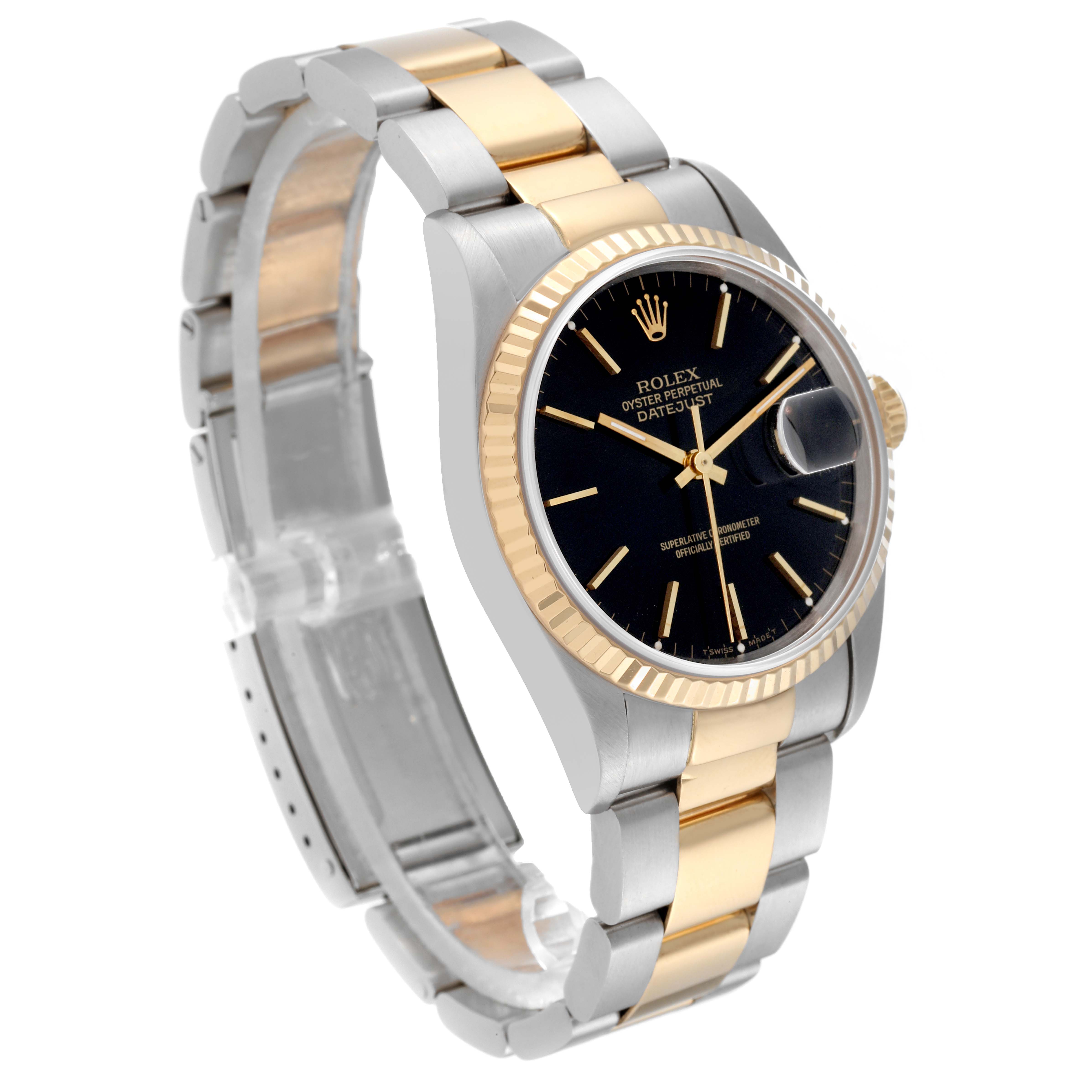 The Rolex Datejust 16233 Men's Steel and Gold (two tone) Black Dial 16233 Men's Steel and Gold (two tone) Black Dial watch is shown at an oblique angle, displaying the bracelet, black dial, and fluted bezel.