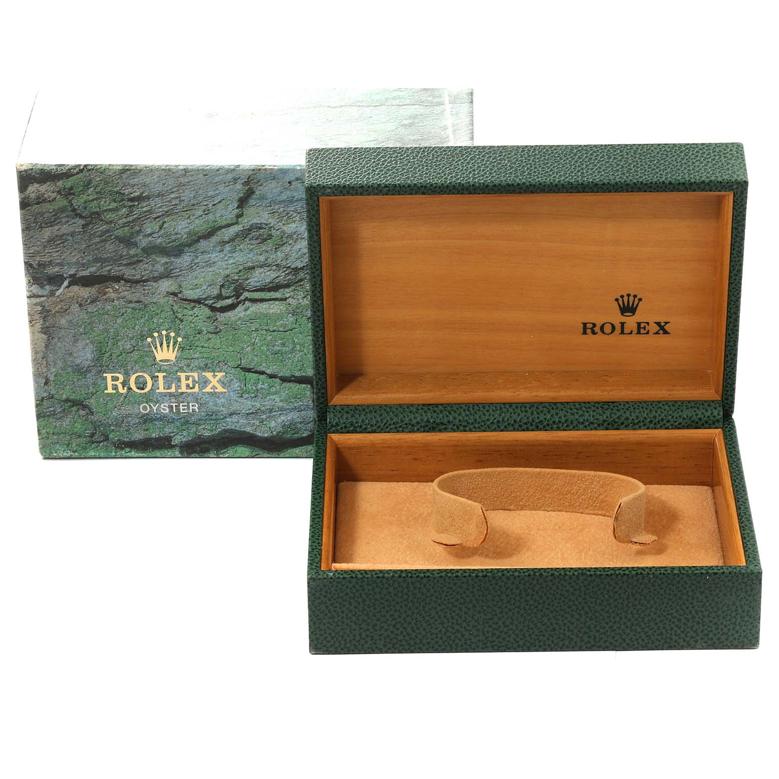 The image shows an open Rolex Datejust 16233 Men's Steel and Gold (two tone) Black Dial 16233 Men's Steel and Gold (two tone) Black Dial watch box with green outer packaging and a brown interior.