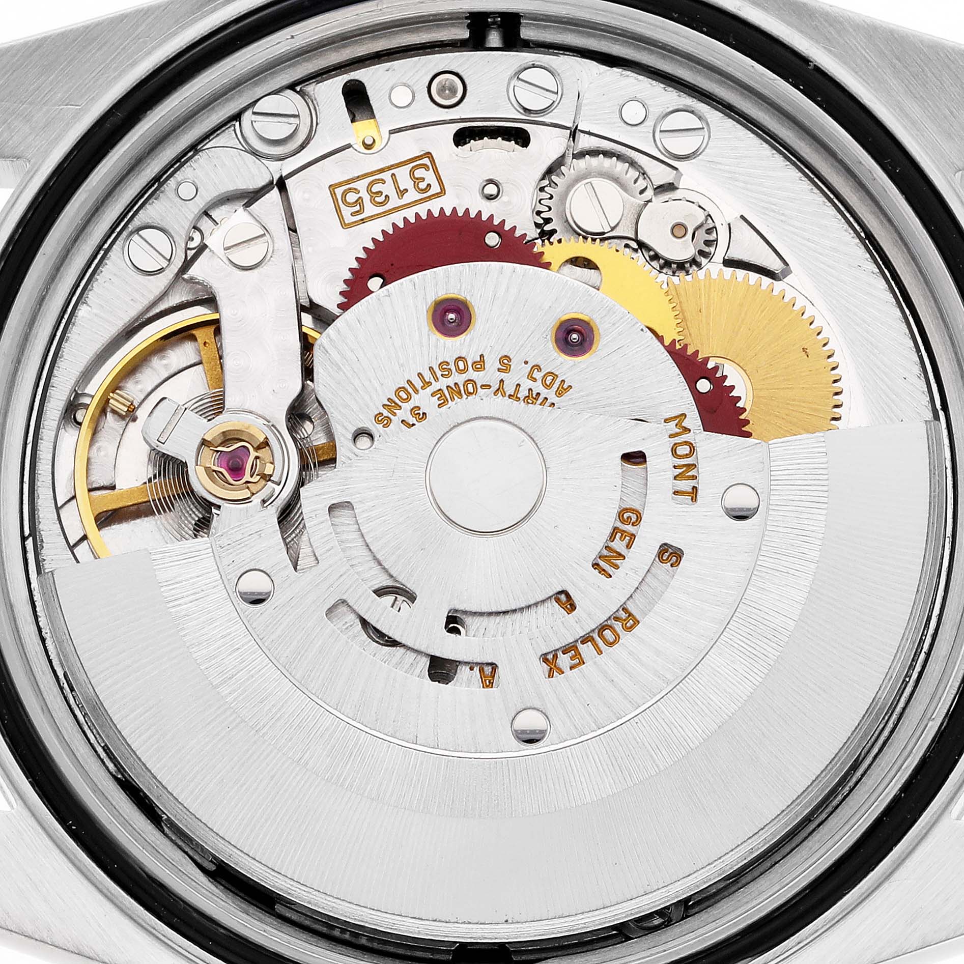 This image shows the internal movement mechanism of a Rolex Datejust 16233 Men's Steel and Gold (two tone) Black Dial 16233 Men's Steel and Gold (two tone) Black Dial model at a close-up angle.