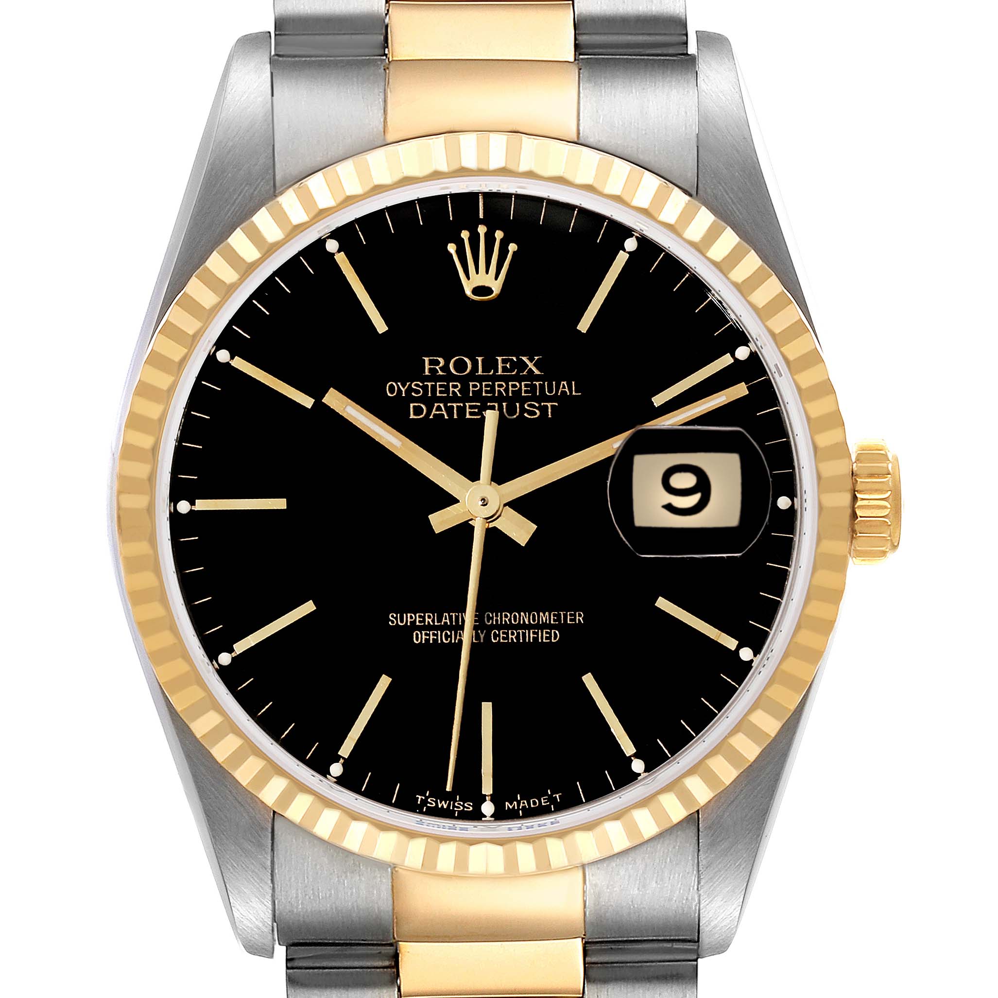 The image shows a front view of the Rolex Datejust 16233 Men's Steel and Gold (two tone) Black Dial 16233 Men's Steel and Gold (two tone) Black Dial watch, highlighting the black dial, gold fluted bezel, and two-tone bracelet.