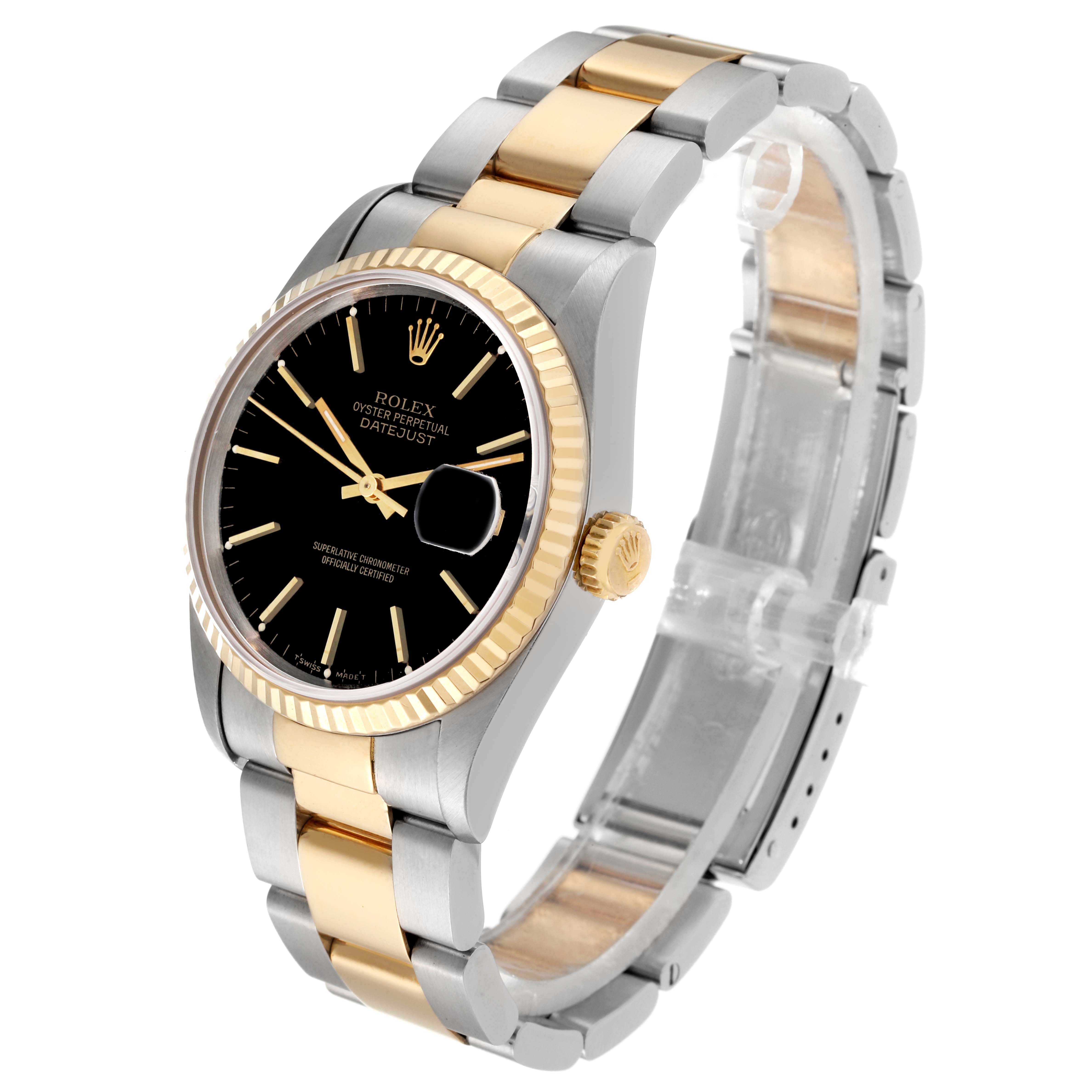 The Rolex Datejust 16233 Men's Steel and Gold (two tone) Black Dial 16233 Men's Steel and Gold (two tone) Black Dial watch is shown at a slight angle, highlighting its two-tone bracelet, black dial, gold bezel, and crown.