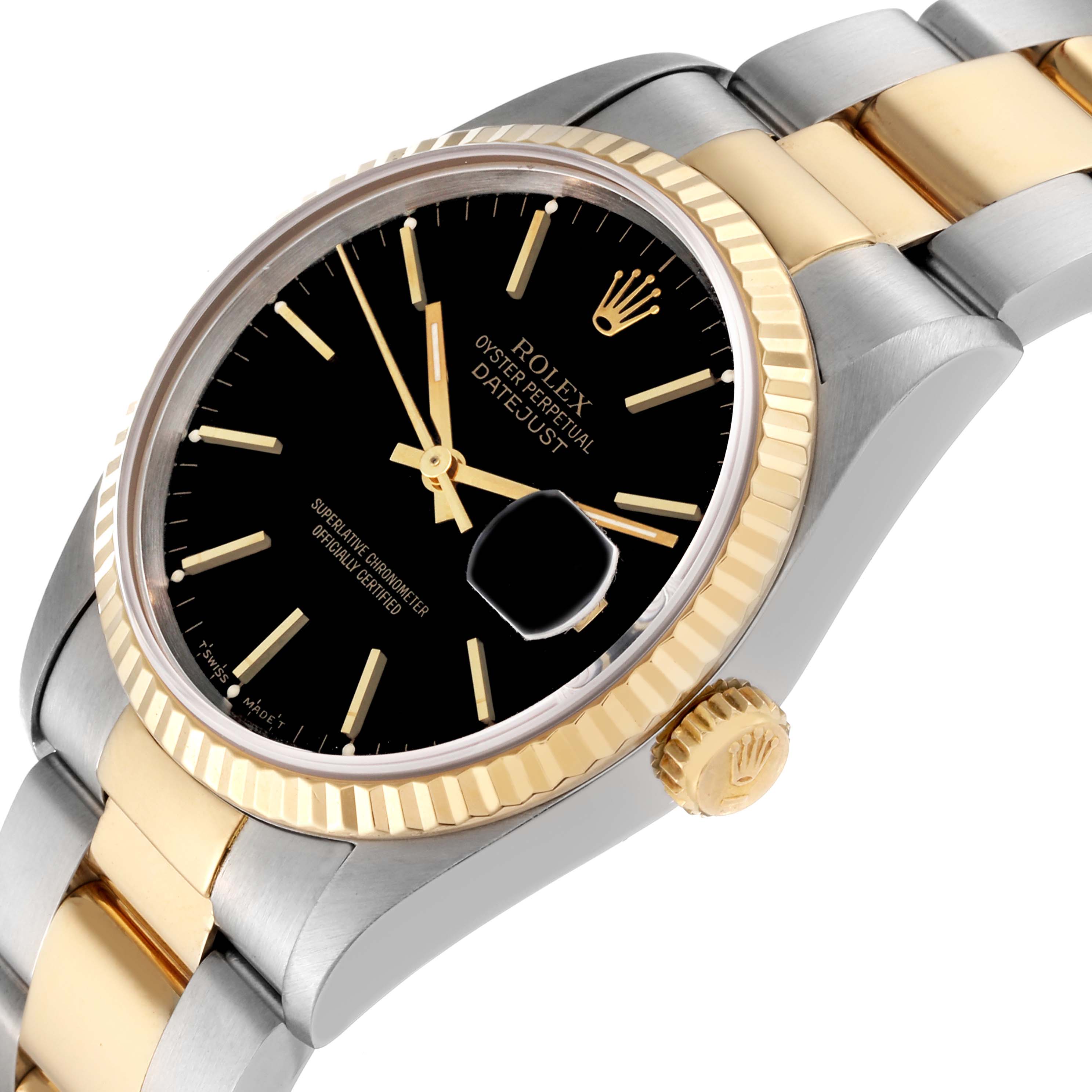 The image shows the face, bezel, crown, and part of the bracelet of a Rolex Datejust 16233 Men's Steel and Gold (two tone) Black Dial 16233 Men's Steel and Gold (two tone) Black Dial watch at an angled side view.