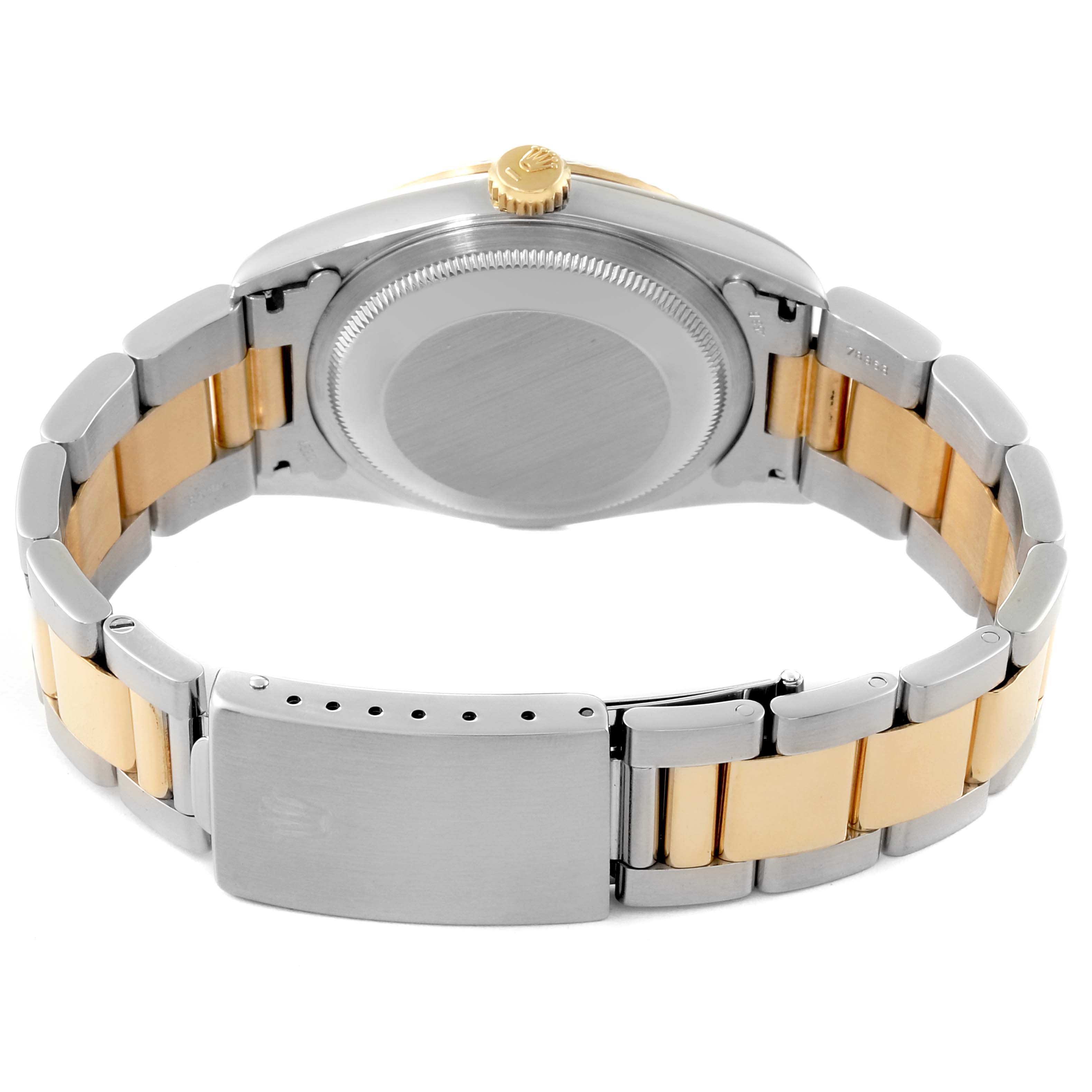 This image shows the back of a Rolex Datejust 16233 Men's Steel and Gold (two tone) Black Dial 16233 Men's Steel and Gold (two tone) Black Dial watch, highlighting the clasp, case back, and two-tone bracelet.