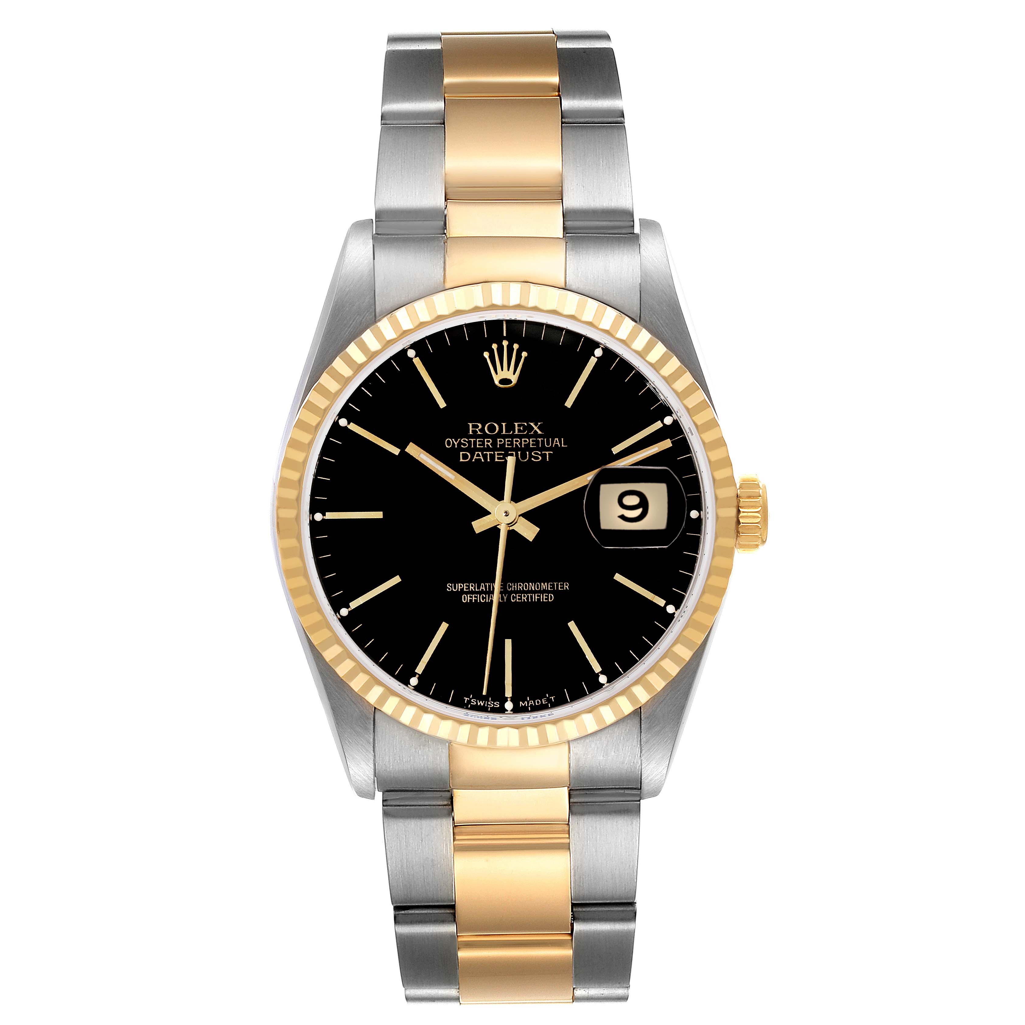 This image shows a Rolex Datejust 16233 Men's Steel and Gold (two tone) Black Dial 16233 Men's Steel and Gold (two tone) Black Dial watch, featuring a black dial, gold bezel, and two-tone metal bracelet, viewed from the front.