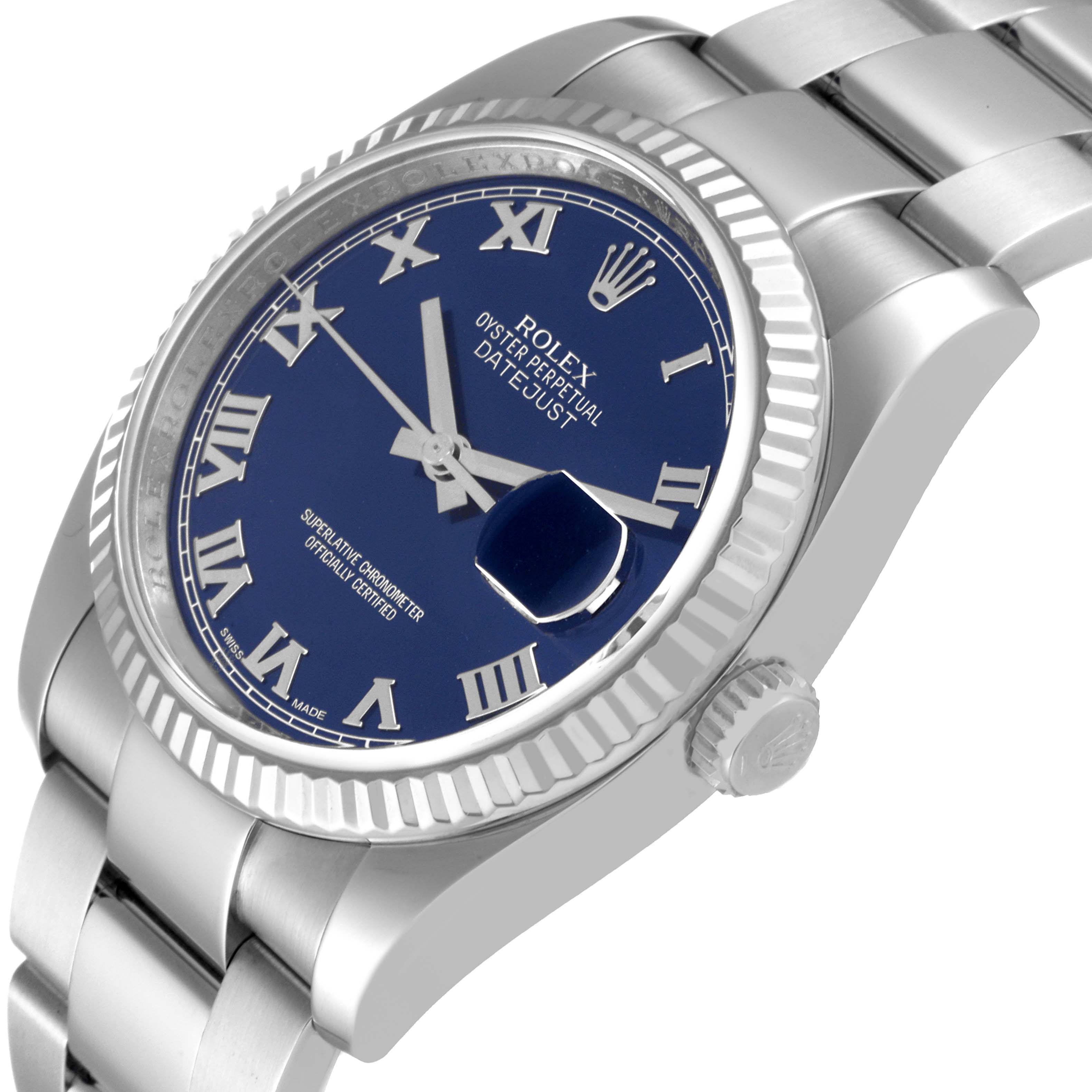 The Rolex Datejust 116234 Men's Stainless Steel Blue Dial 116234 Men's Stainless Steel Blue Dial watch is shown at a side angle, displaying the blue dial, silver Roman numeral markers, bezel, and bracelet.