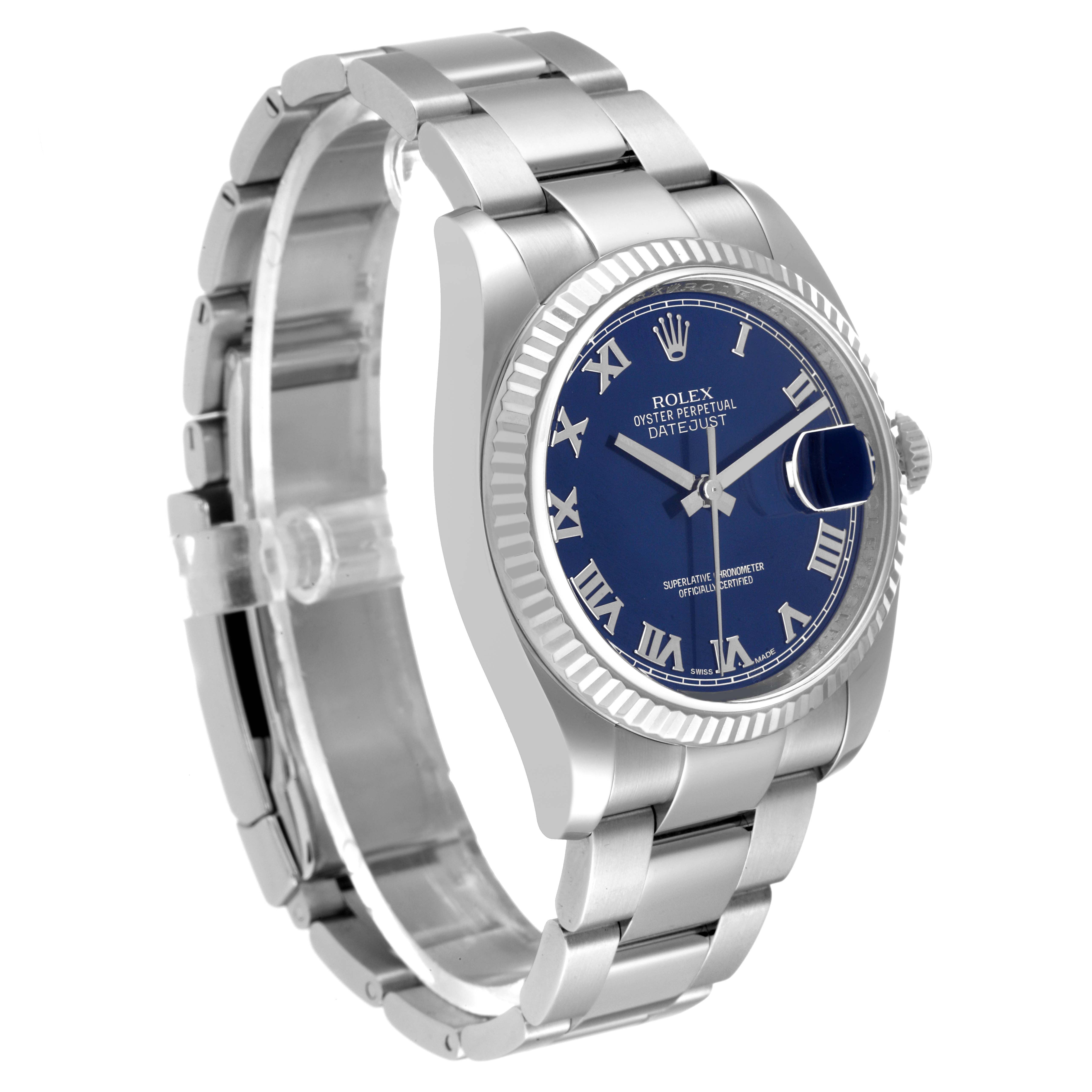 The image shows a Rolex Datejust 116234 Men's Stainless Steel Blue Dial 116234 Men's Stainless Steel Blue Dial watch at a three-quarter angle, highlighting its blue dial, fluted bezel, and stainless steel bracelet.
