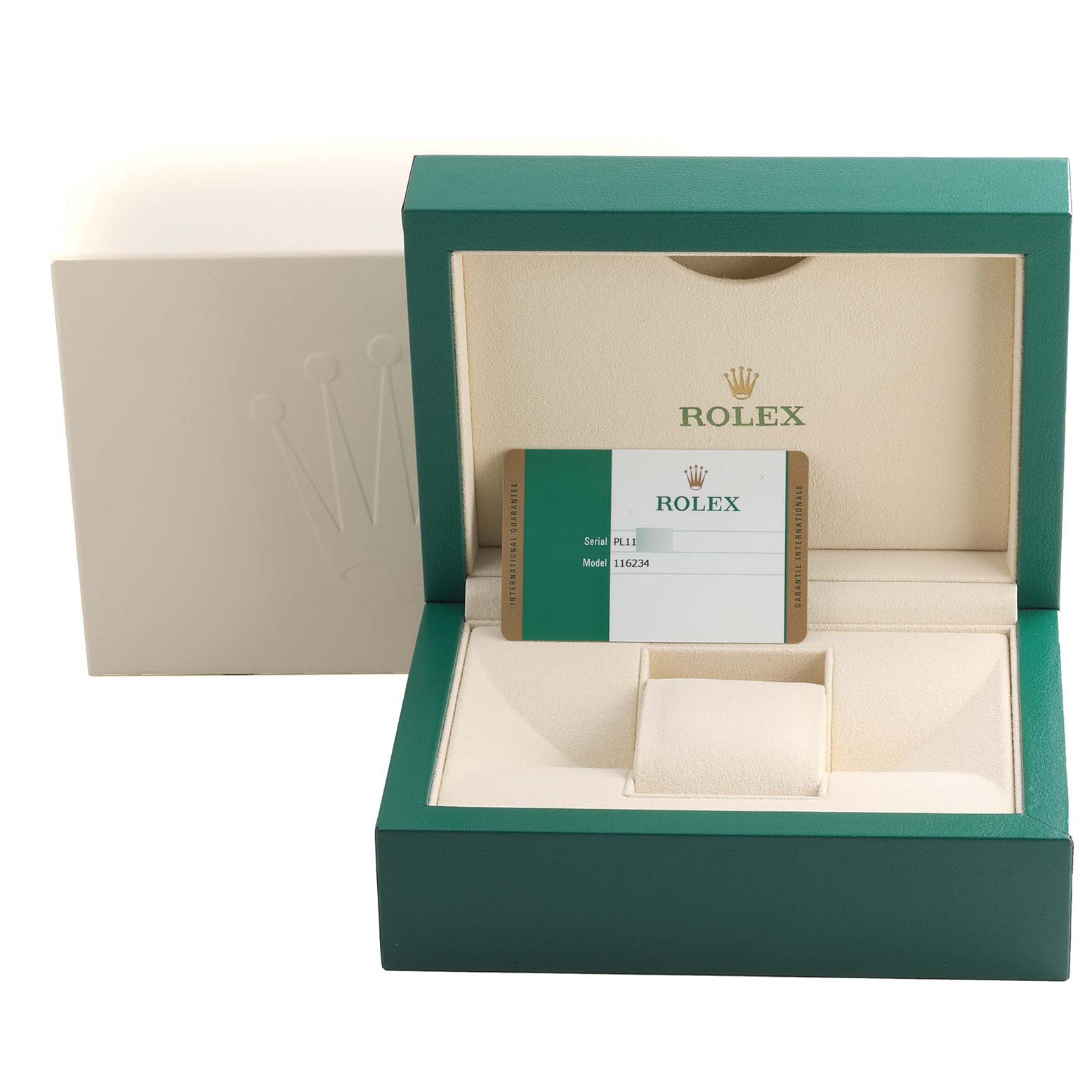 The image shows an open Rolex box for a Datejust model, with an authentication card placed inside.