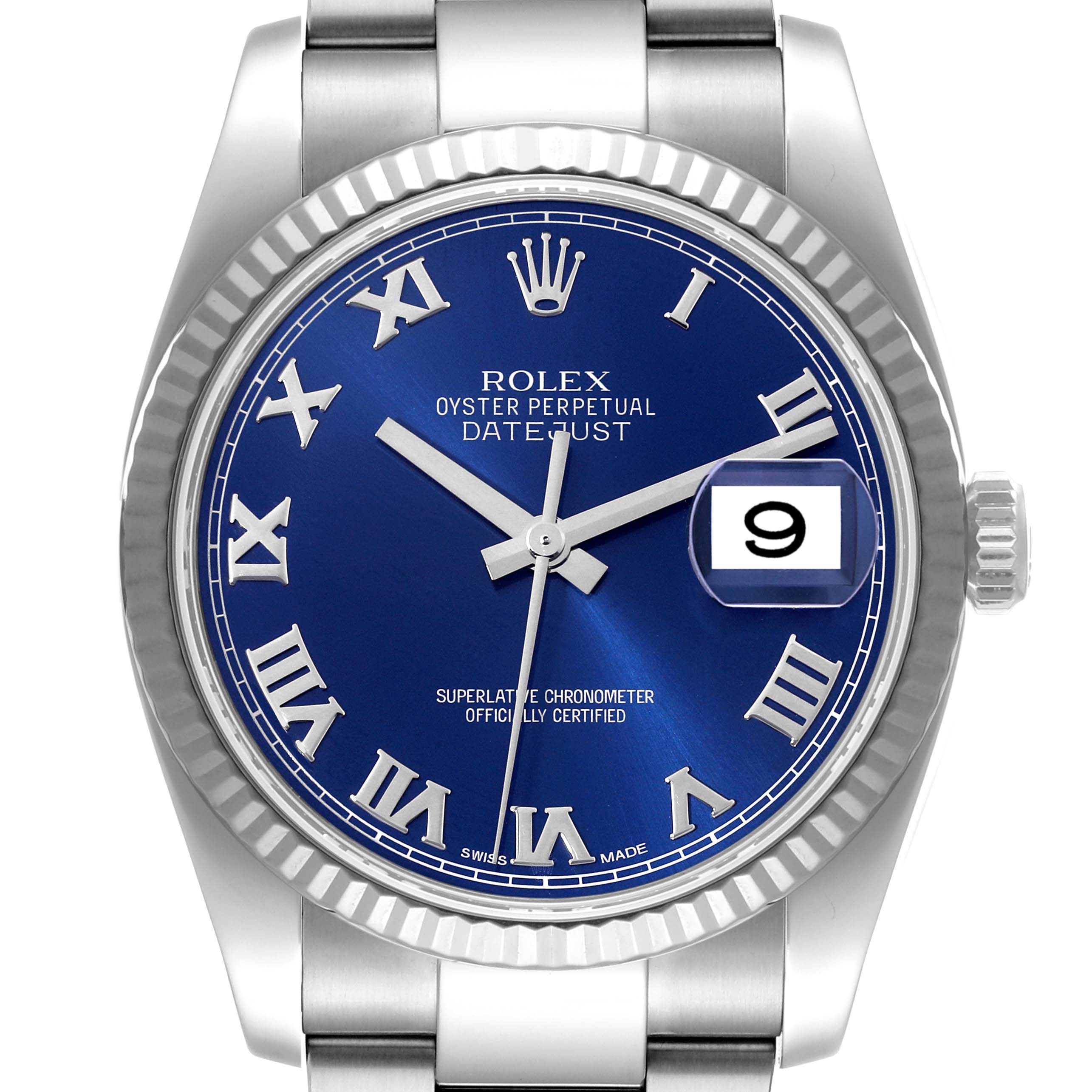 This image shows a front view of a Rolex Datejust 116234 Men's Stainless Steel Blue Dial 116234 Men's Stainless Steel Blue Dial watch, highlighting its blue dial, fluted bezel, Roman numerals, and date window.