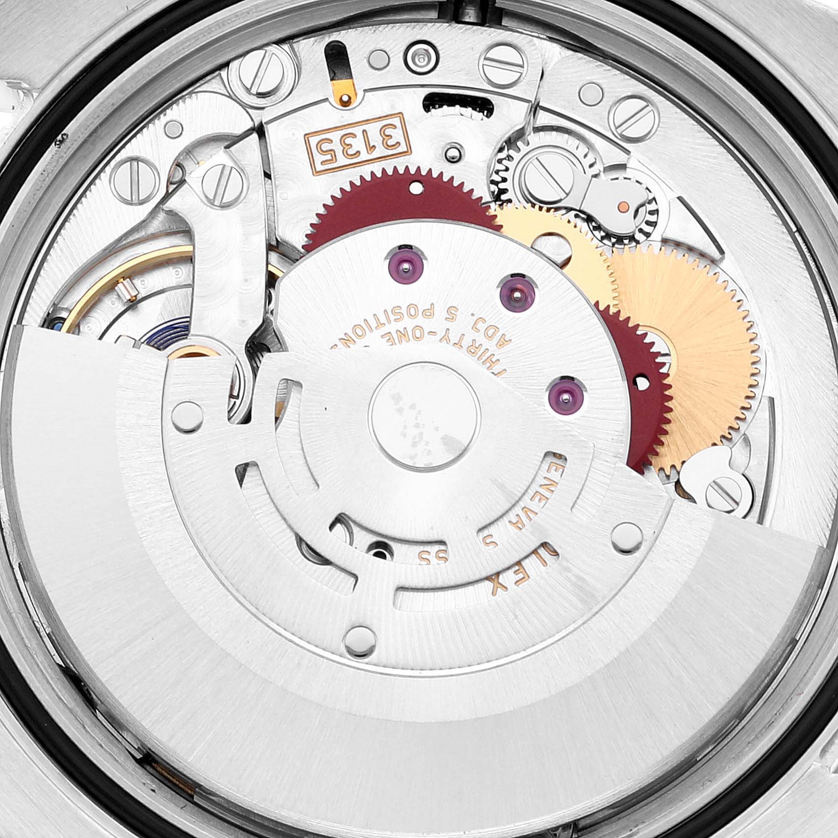 The image shows the internal movement mechanism of a Rolex Datejust 116234 Men's Stainless Steel Blue Dial 116234 Men's Stainless Steel Blue Dial watch, viewed from the back.