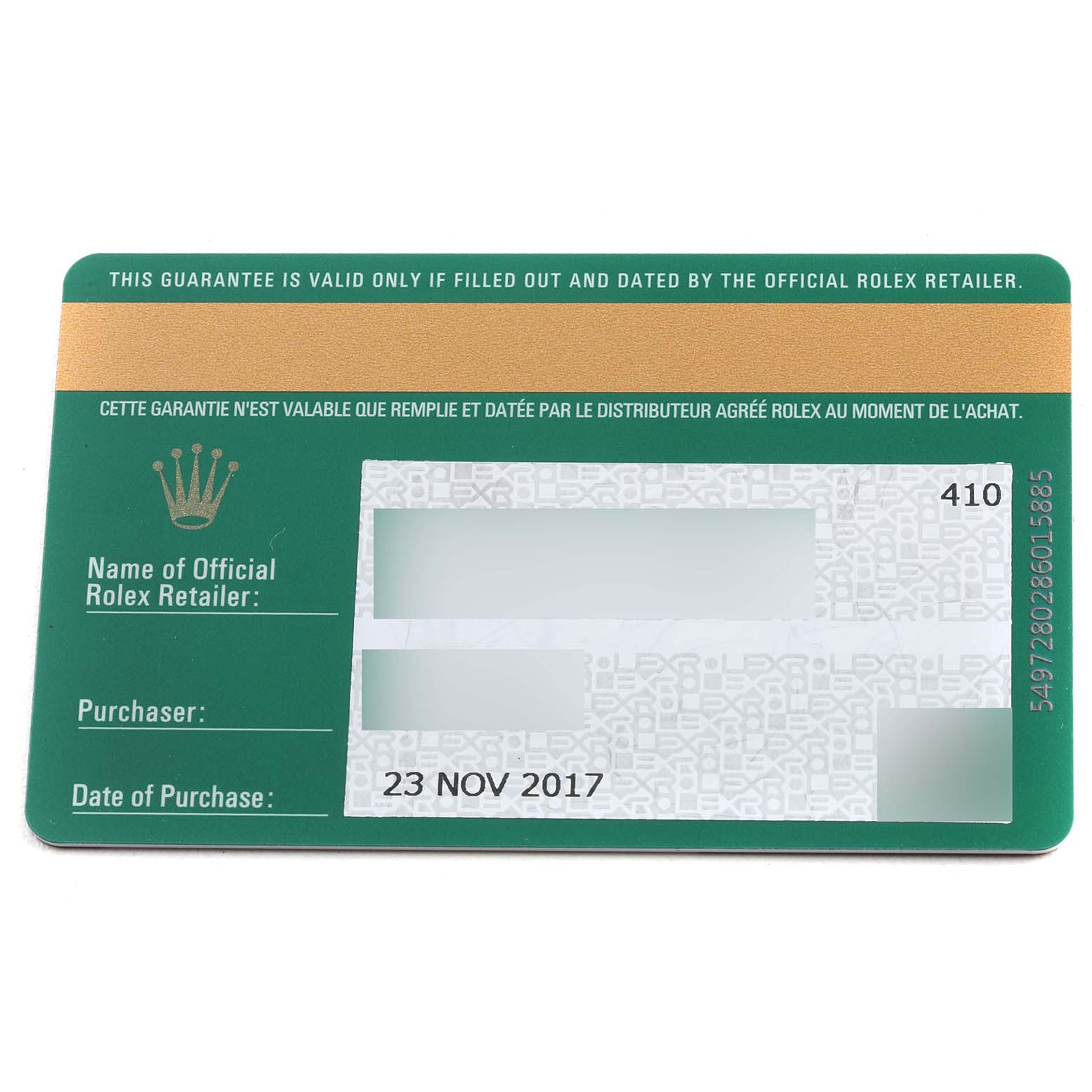 The image shows a warranty card for the Rolex Datejust 116234 Men's Stainless Steel Blue Dial 116234 Men's Stainless Steel Blue Dial watch from an overhead view.