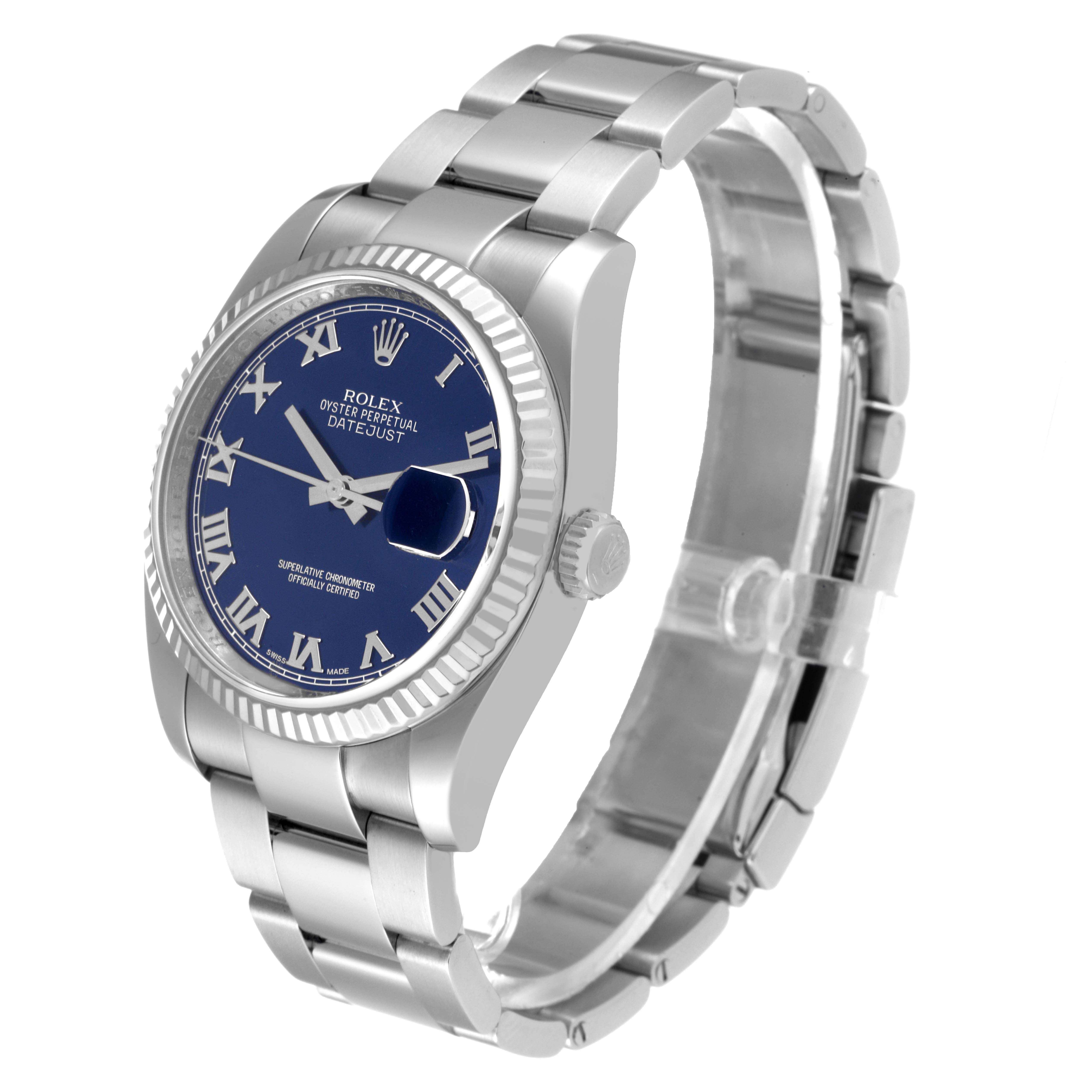 This image shows a Rolex Datejust 116234 Men's Stainless Steel Blue Dial 116234 Men's Stainless Steel Blue Dial watch at a slight angle, highlighting the face, bezel, crown, and bracelet.