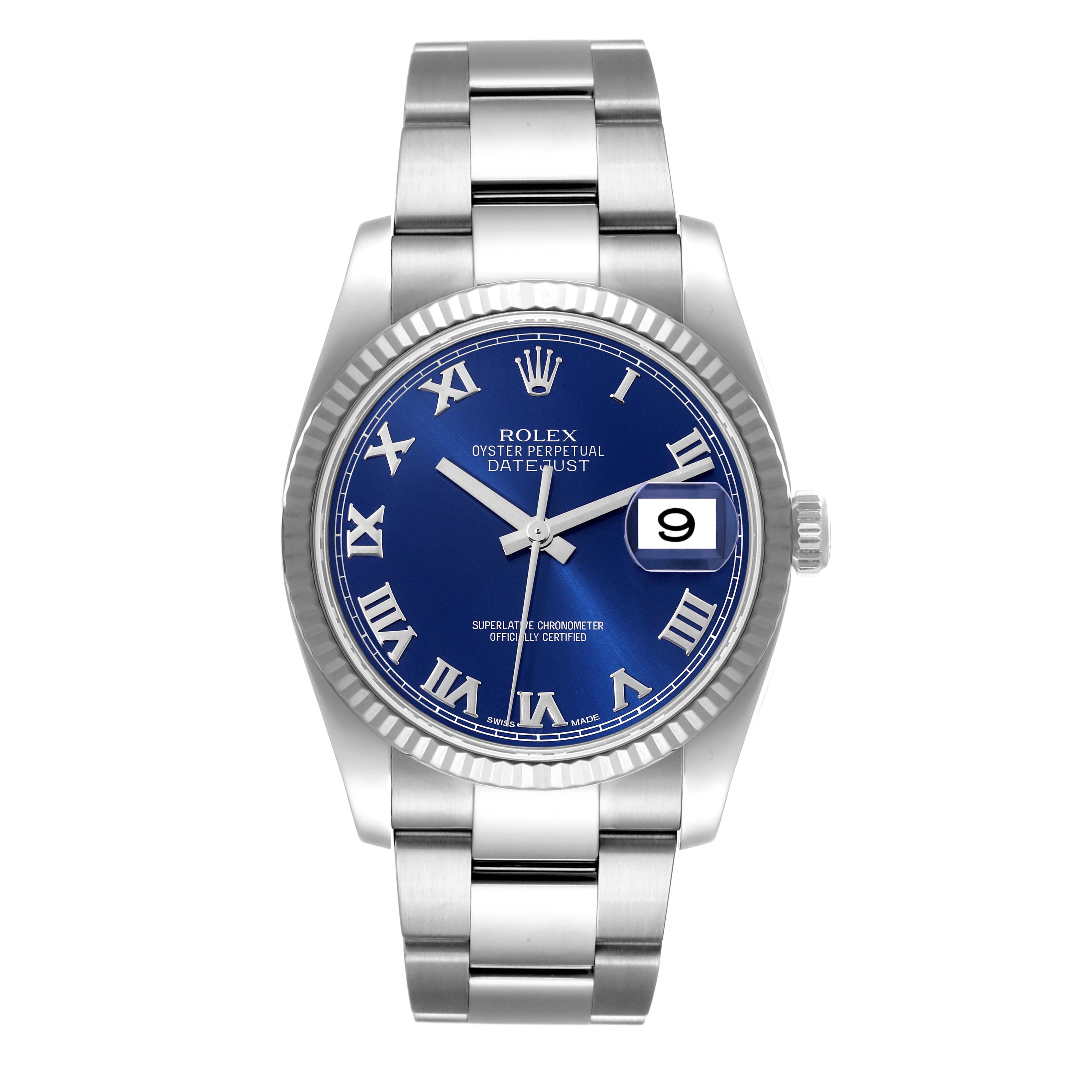 The image shows a front view of a Rolex Datejust 116234 Men's Stainless Steel Blue Dial 116234 Men's Stainless Steel Blue Dial watch featuring a blue dial, Roman numerals, and a stainless steel bracelet.