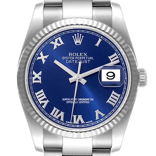 Photo of Rolex Datejust Steel 18K White Gold Blue Dial Mens Watch 116234 Box Card