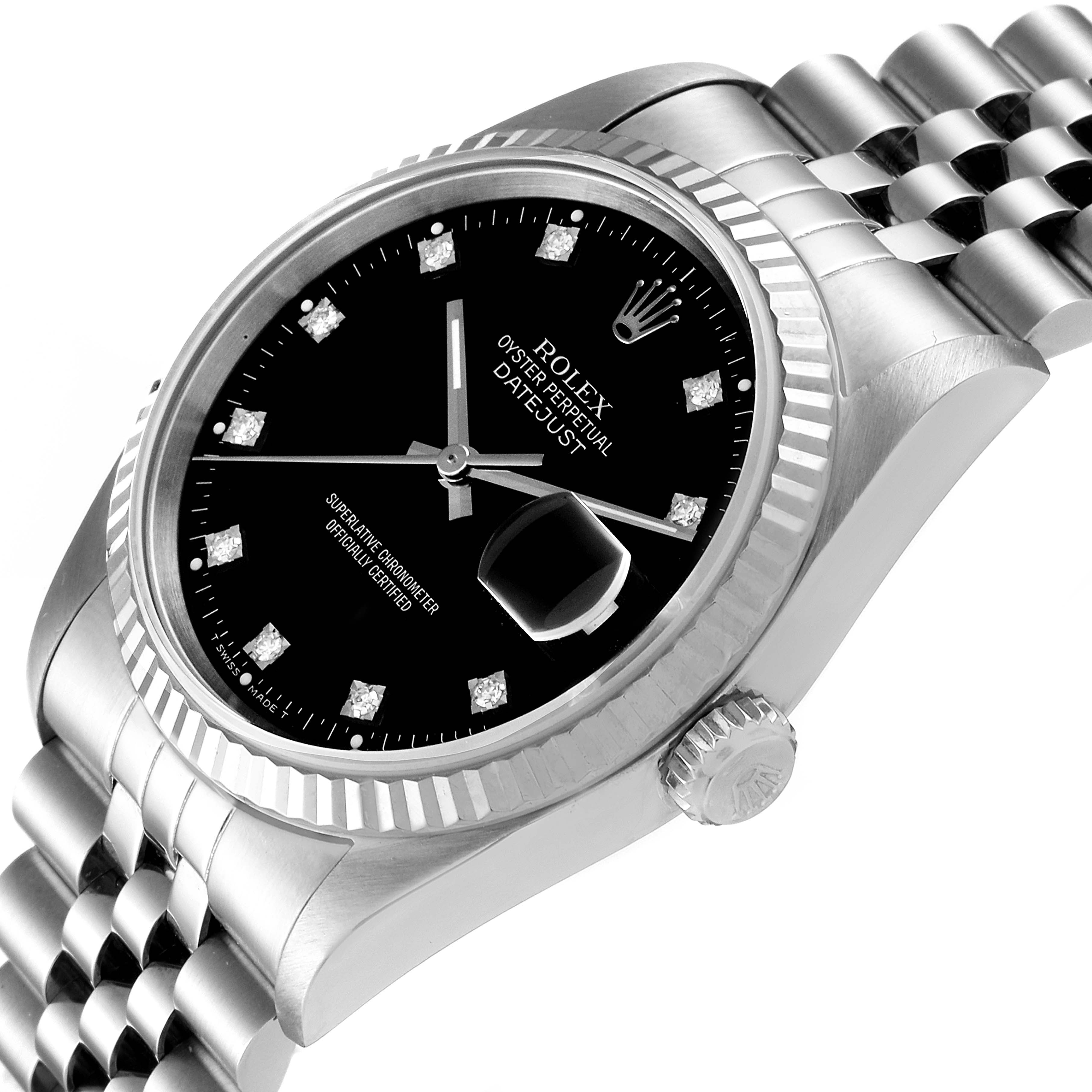 The image shows a close-up angle of a Rolex Datejust 16234 Men
s Stainless Steel Black Dial 16234 Men
s Stainless Steel Black Dial watch, focusing on the dial, bezel, and a portion of the bracelet.