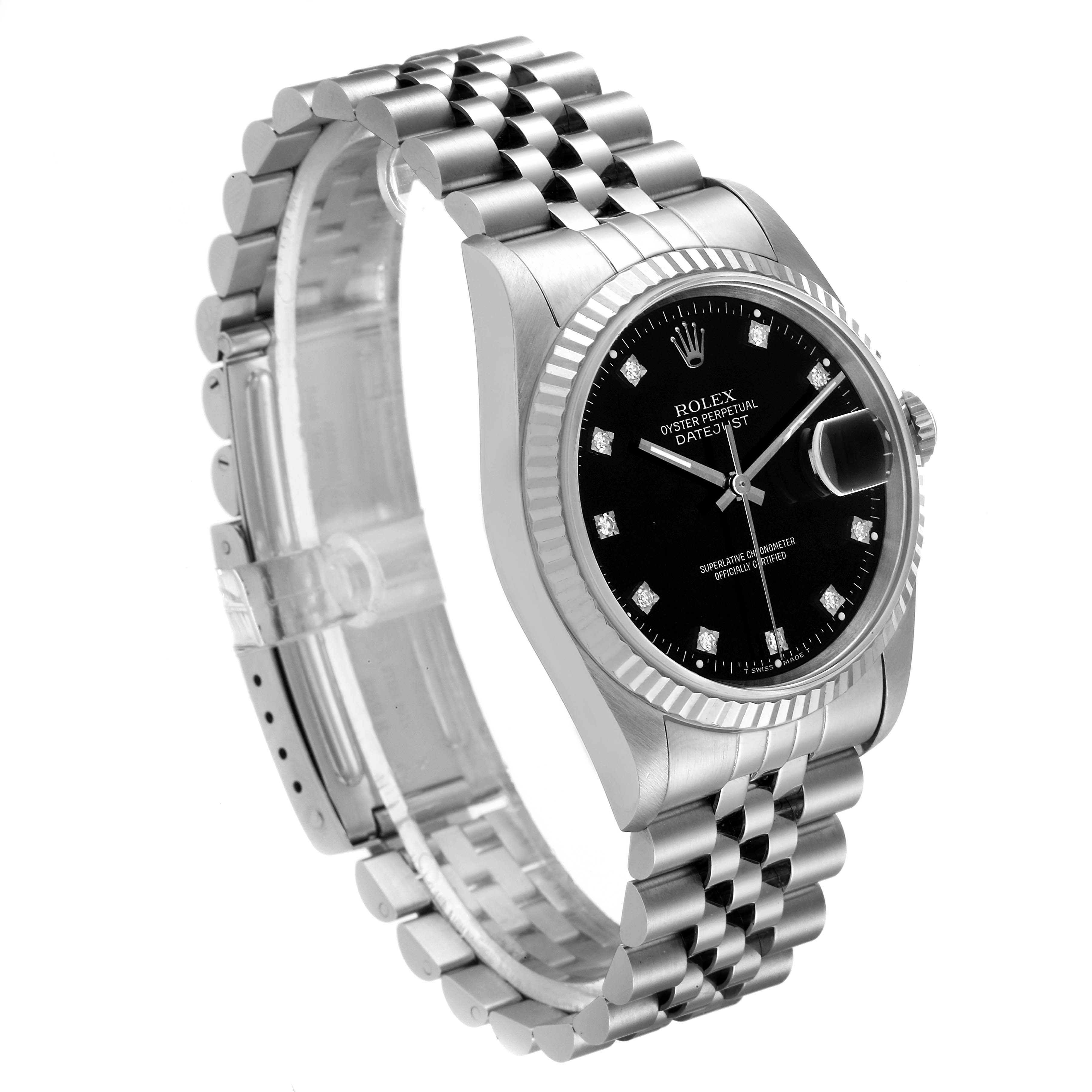 The Rolex Datejust 16234 Men
s Stainless Steel Black Dial 16234 Men
s Stainless Steel Black Dial watch is shown at a three-quarter angle, displaying the watch
s face, bezel, crown, and bracelet.