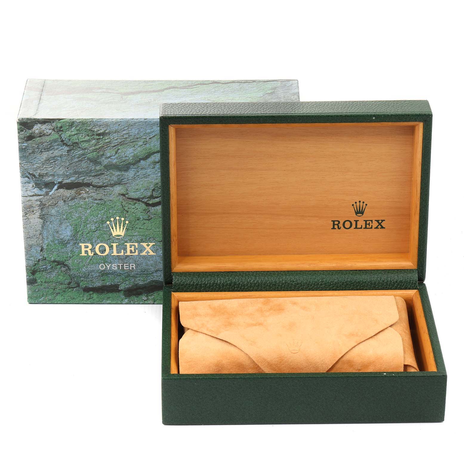 The image shows a Rolex Datejust 16234 Men
s Stainless Steel Black Dial 16234 Men
s Stainless Steel Black Dial box, with the lid open, revealing a pouch inside the wooden inner compartment.