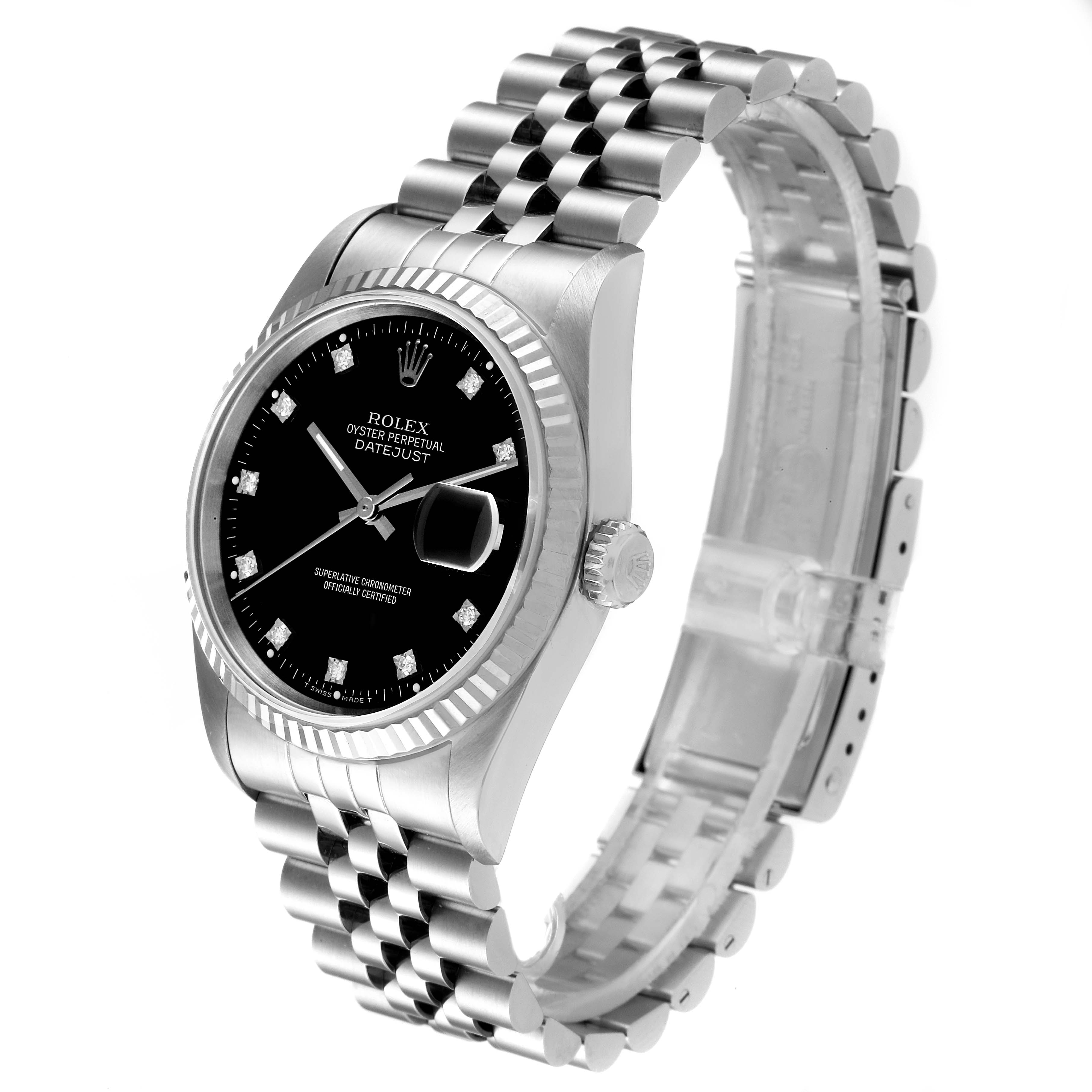 The image shows a Rolex Datejust 16234 Men
s Stainless Steel Black Dial 16234 Men
s Stainless Steel Black Dial watch at an angled side view, highlighting its black dial, fluted bezel, and Jubilee bracelet.