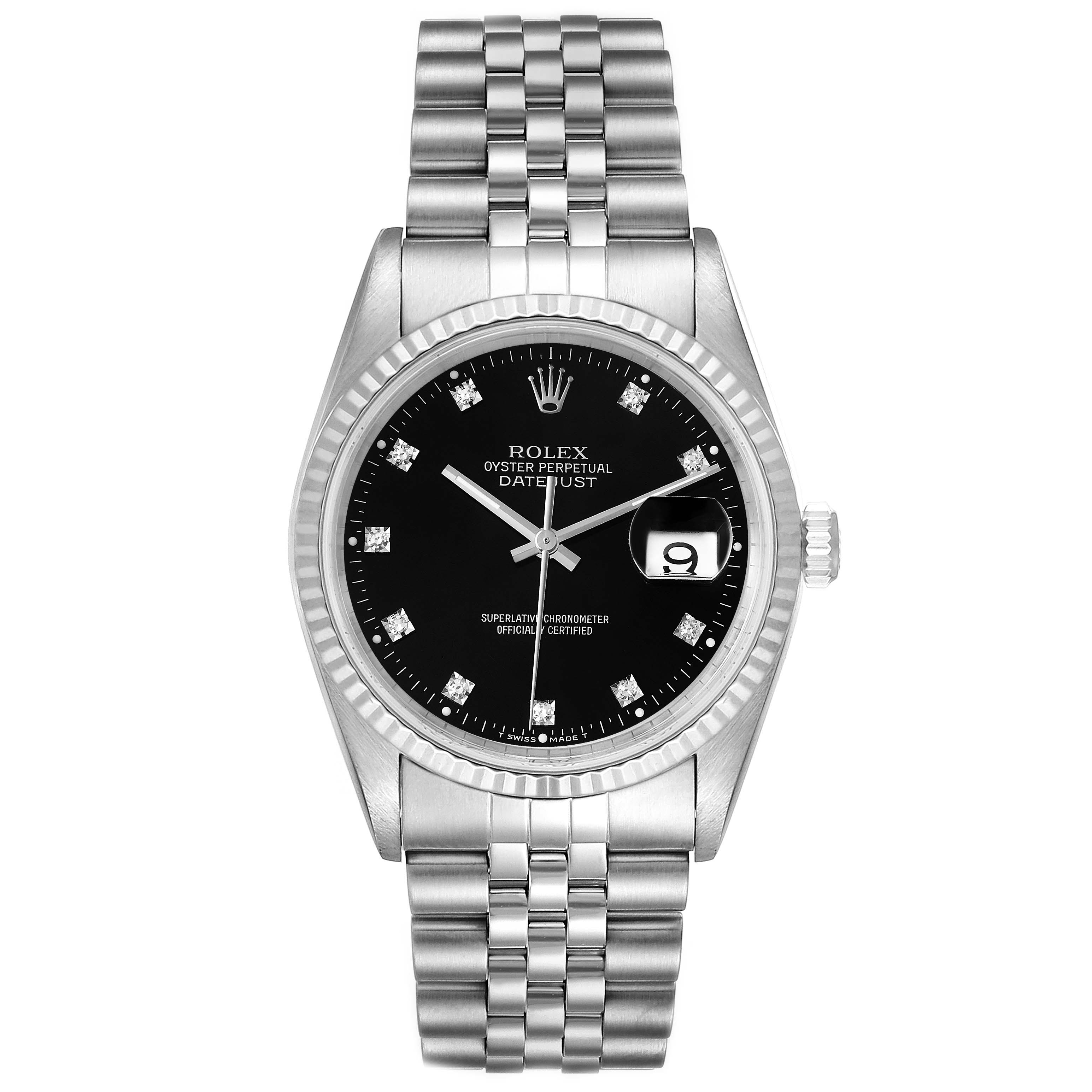 The Rolex Datejust 16234 Men
s Stainless Steel Black Dial 16234 Men
s Stainless Steel Black Dial watch is shown from a top-down angle, displaying its dial, bracelet, and bezel.