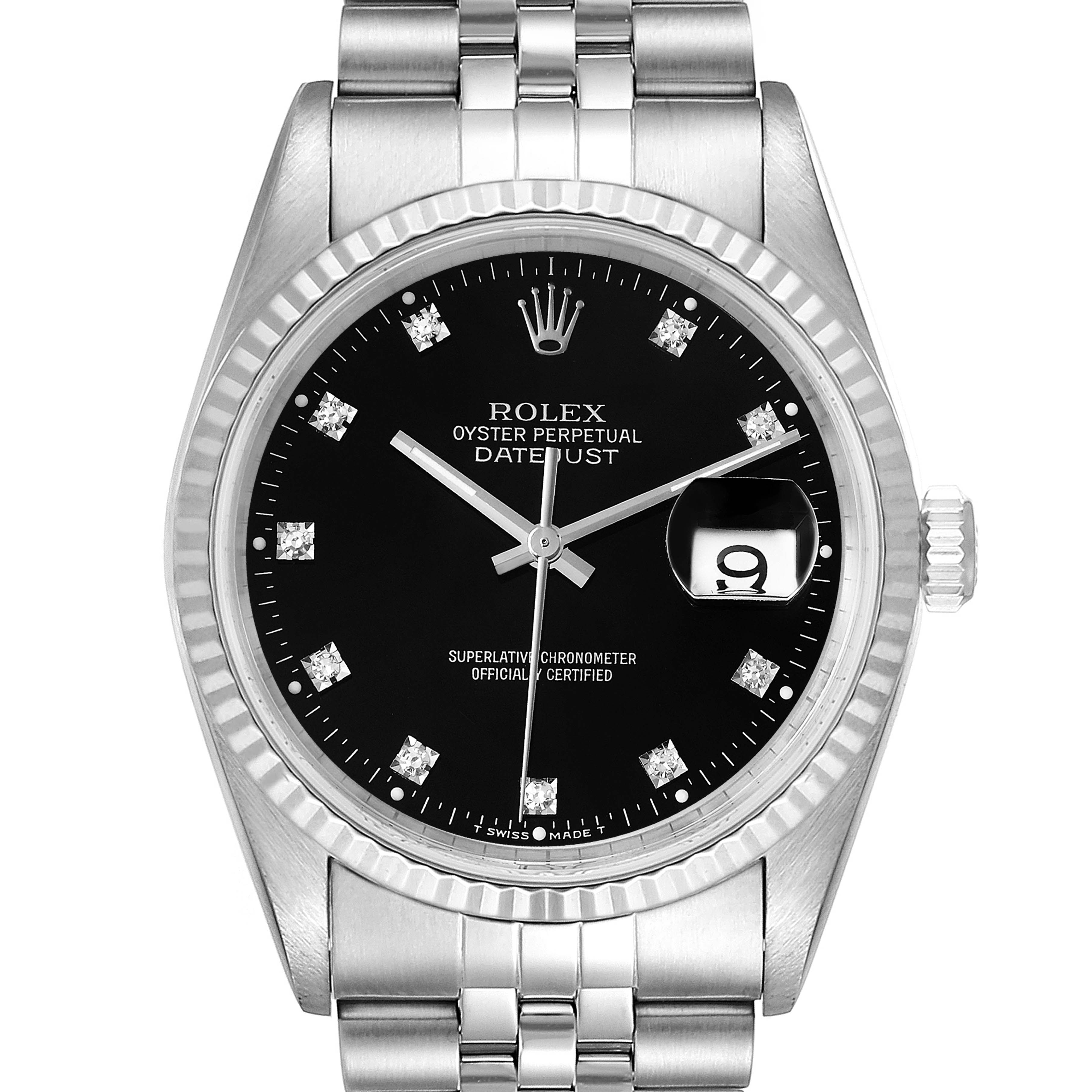 This image shows a front view of the Rolex Datejust 16234 Men
s Stainless Steel Black Dial 16234 Men
s Stainless Steel Black Dial watch, displaying the dial, bezel, and part of the bracelet.