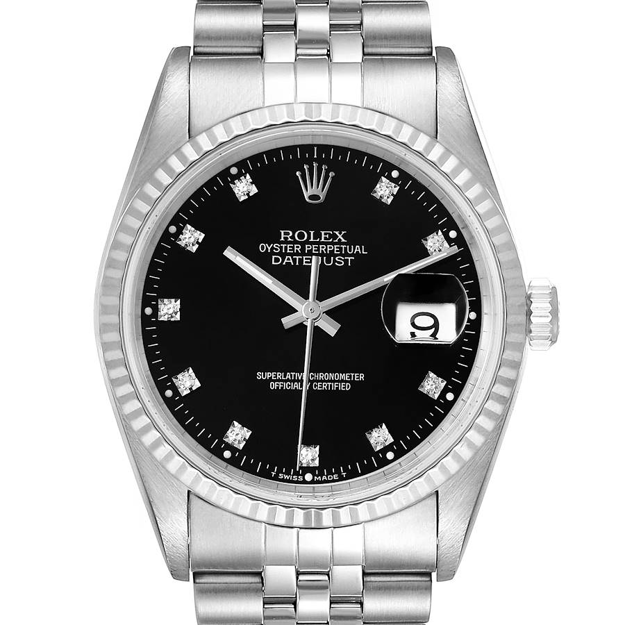 Rolex Datejust Steel White Gold Black Diamond Dial Mens Watch 16234 SwissWatchExpo