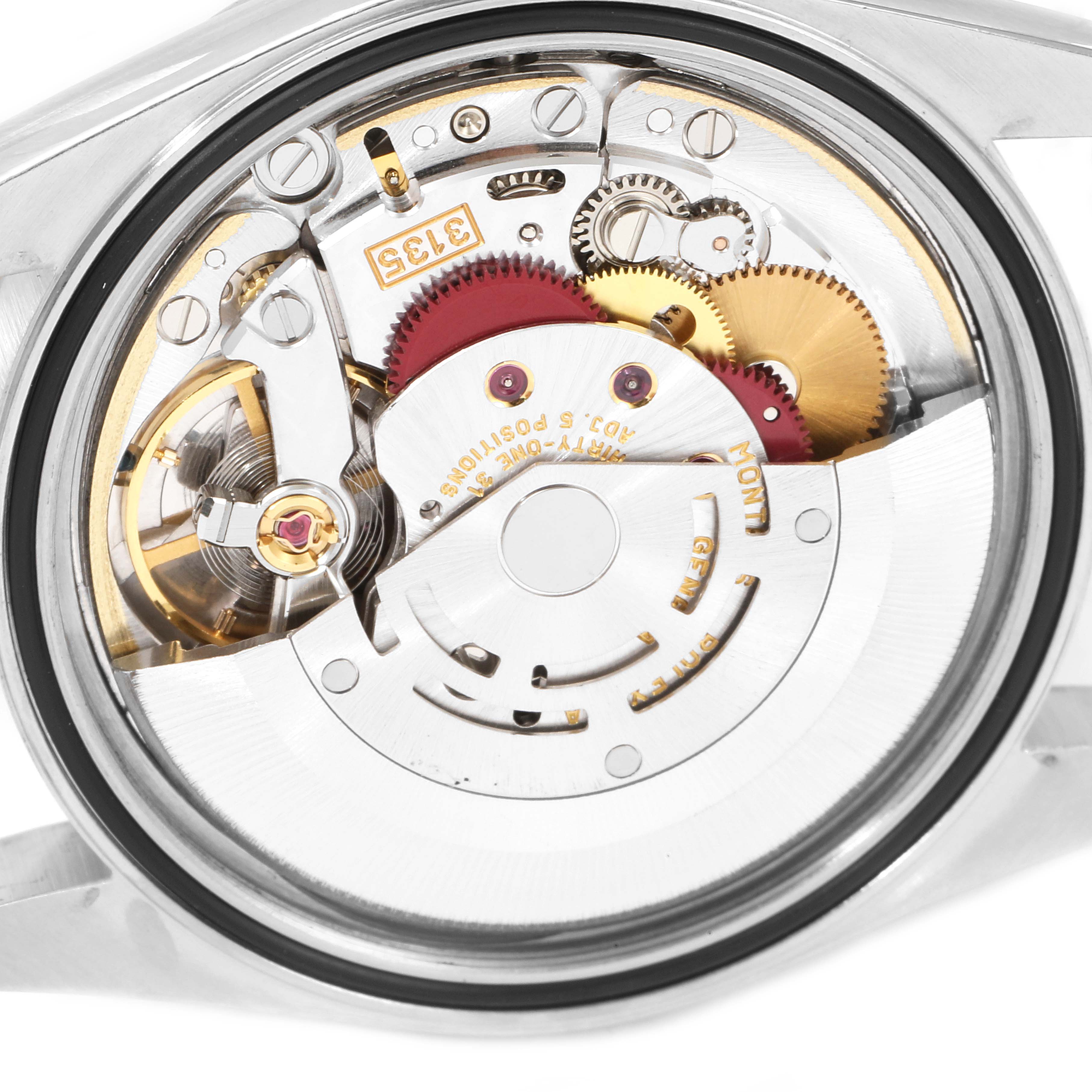 This image shows the internal mechanical movement of a Rolex Datejust 16234 Men
s Stainless Steel Black Dial 16234 Men
s Stainless Steel Black Dial watch viewed from the back.