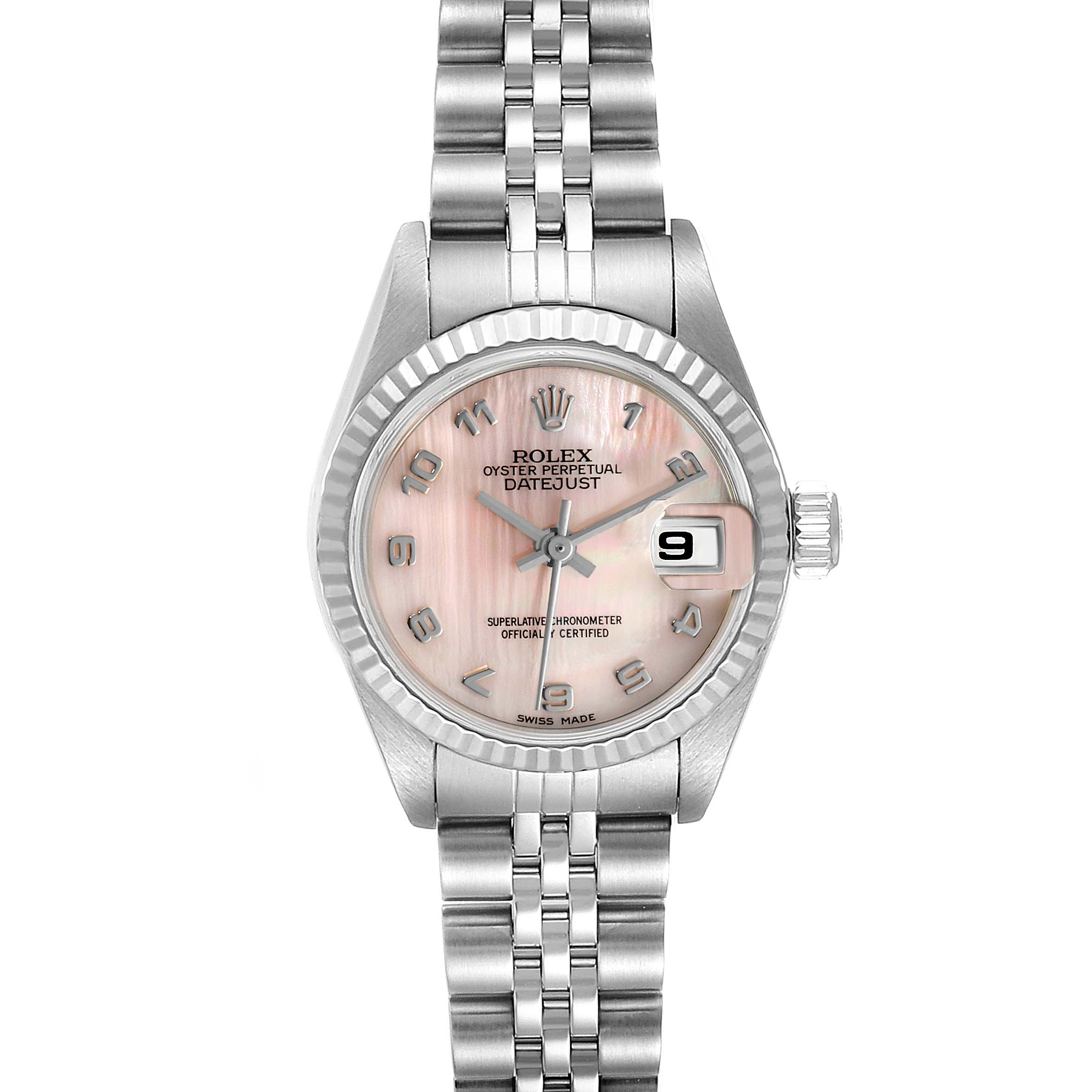 The image shows a Rolex Datejust 79174 Women
s Stainless Steel Mother of Pearl Dial 79174 Women
s Stainless Steel Mother of Pearl Dial watch from a front angle, highlighting the pink dial, fluted bezel, and jubilee bracelet.