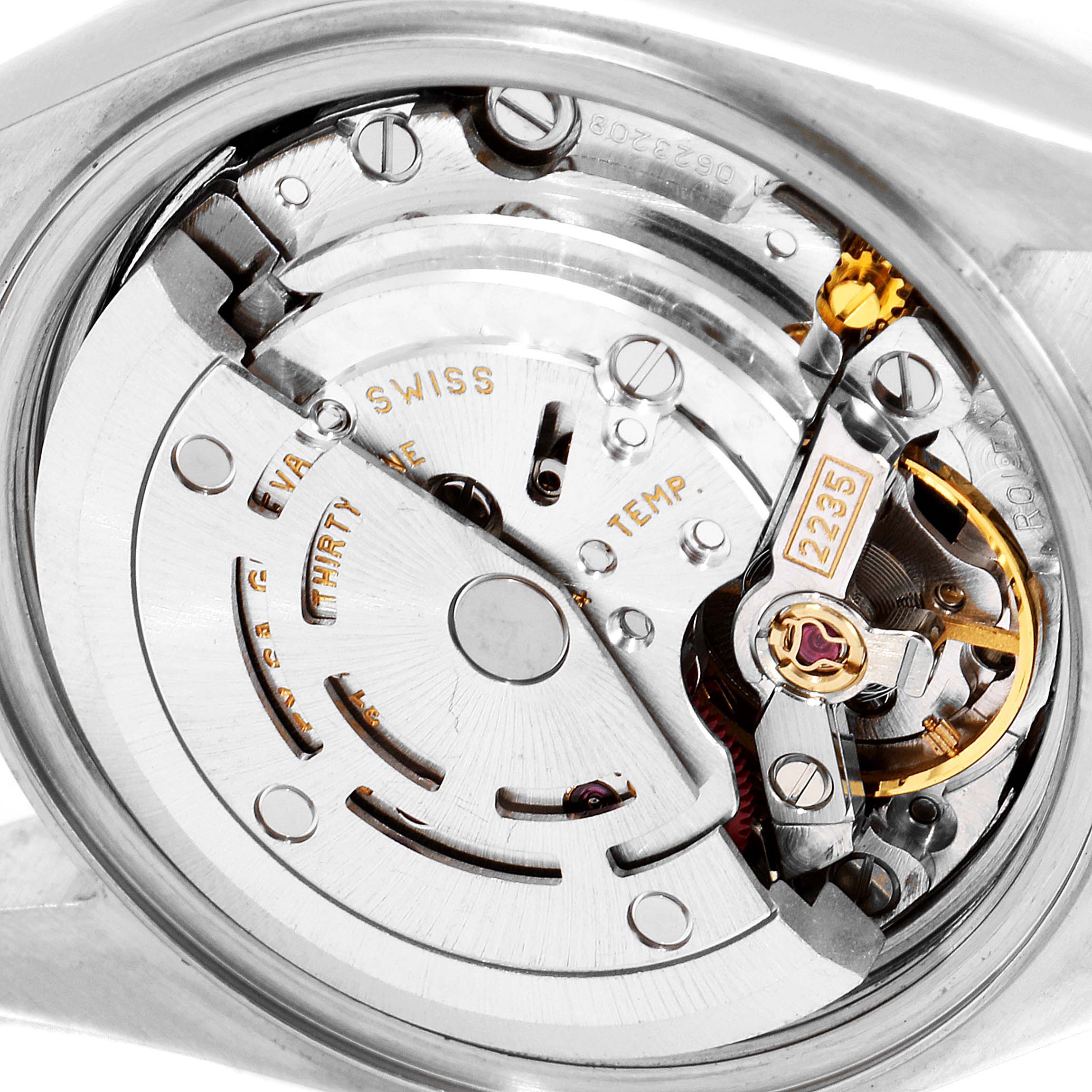 This image shows the movement mechanism of a Rolex Datejust 79174 Women
s Stainless Steel Mother of Pearl Dial 79174 Women
s Stainless Steel Mother of Pearl Dial watch viewed from the back.