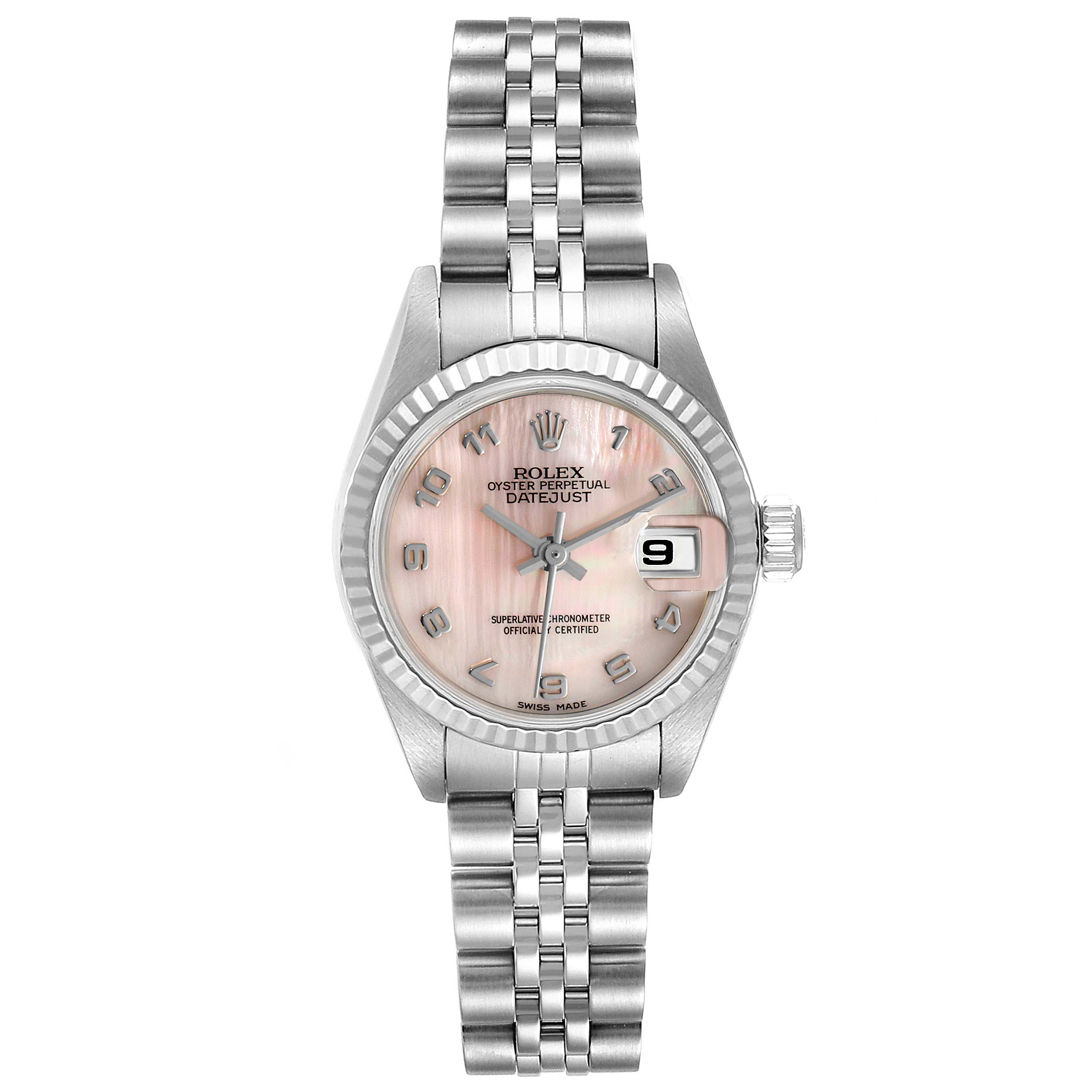 The image showcases a Rolex Datejust 79174 Women
s Stainless Steel Mother of Pearl Dial 79174 Women
s Stainless Steel Mother of Pearl Dial watch from a front angle, highlighting its face, bezel, crown, and bracelet.