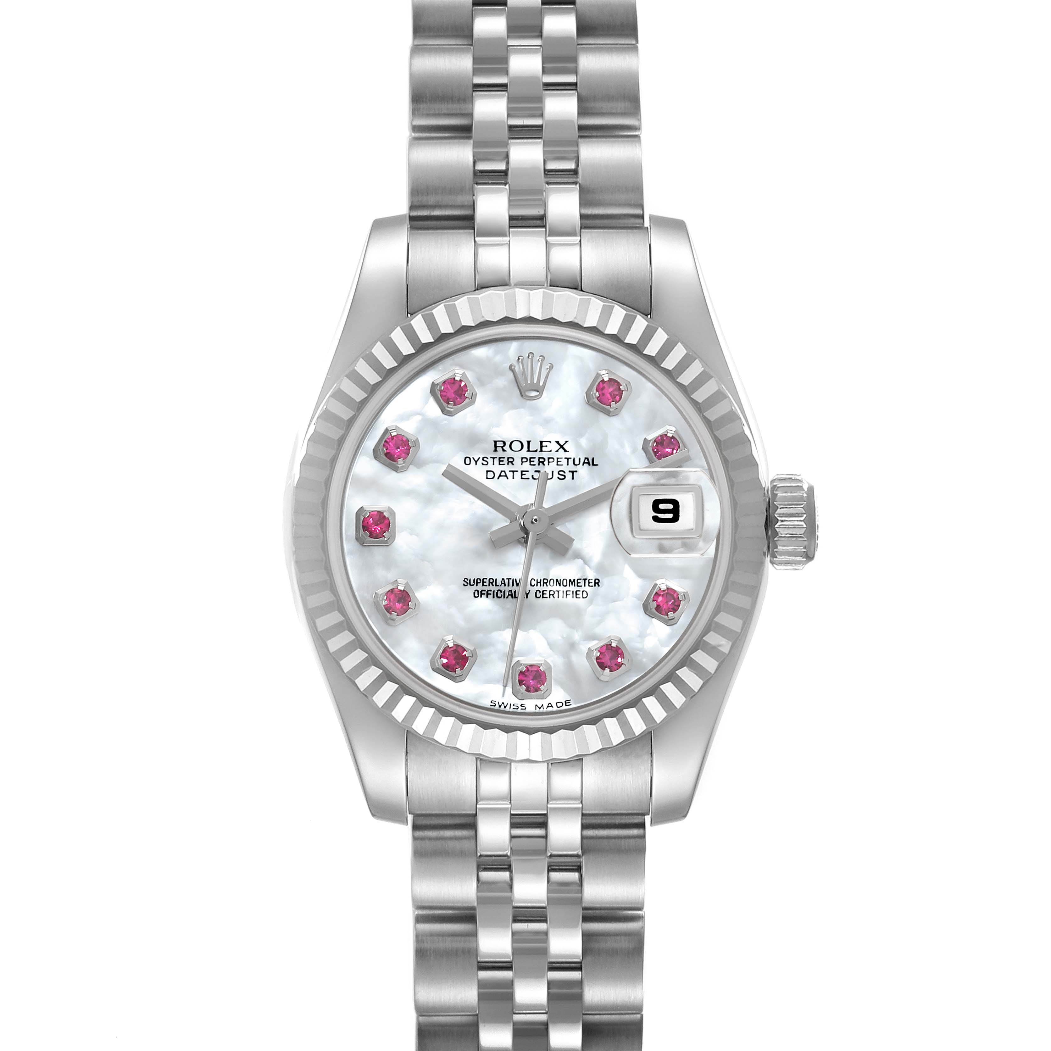 This Rolex Datejust 179174 Women
s Stainless Steel Mother of Pearl Dial 179174 Women
s Stainless Steel Mother of Pearl Dial watch is shown from a straight-on angle, displaying its face, bezel, and bracelet.