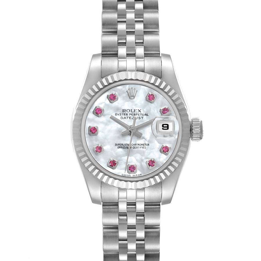 Rolex Datejust Steel White Gold Mother of Pearl Ruby Dial Ladies Watch 179174 SwissWatchExpo