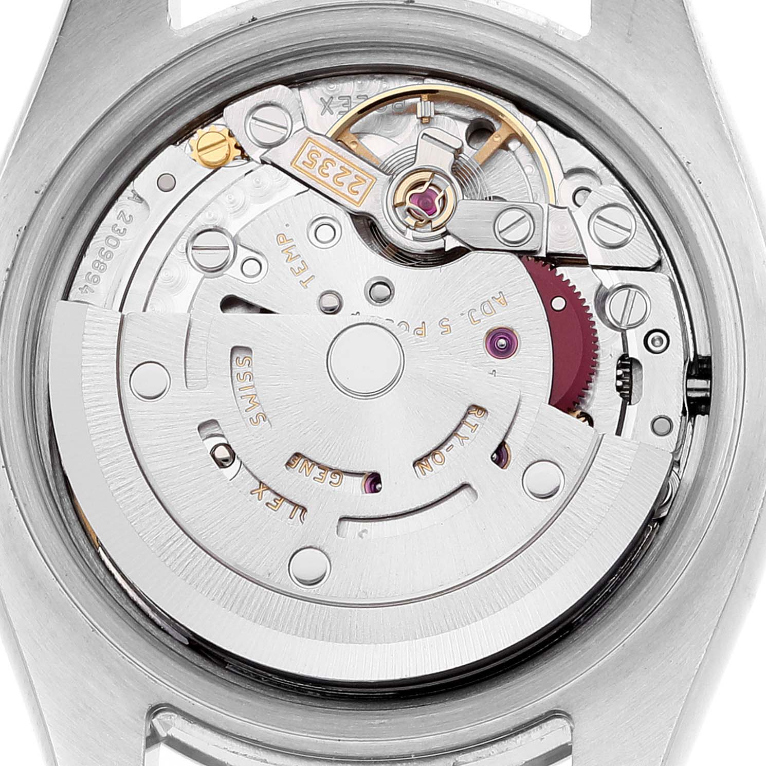 This image shows the movement mechanism of a Rolex Datejust 179174 Women
s Stainless Steel Mother of Pearl Dial 179174 Women
s Stainless Steel Mother of Pearl Dial watch from a rear view angle.