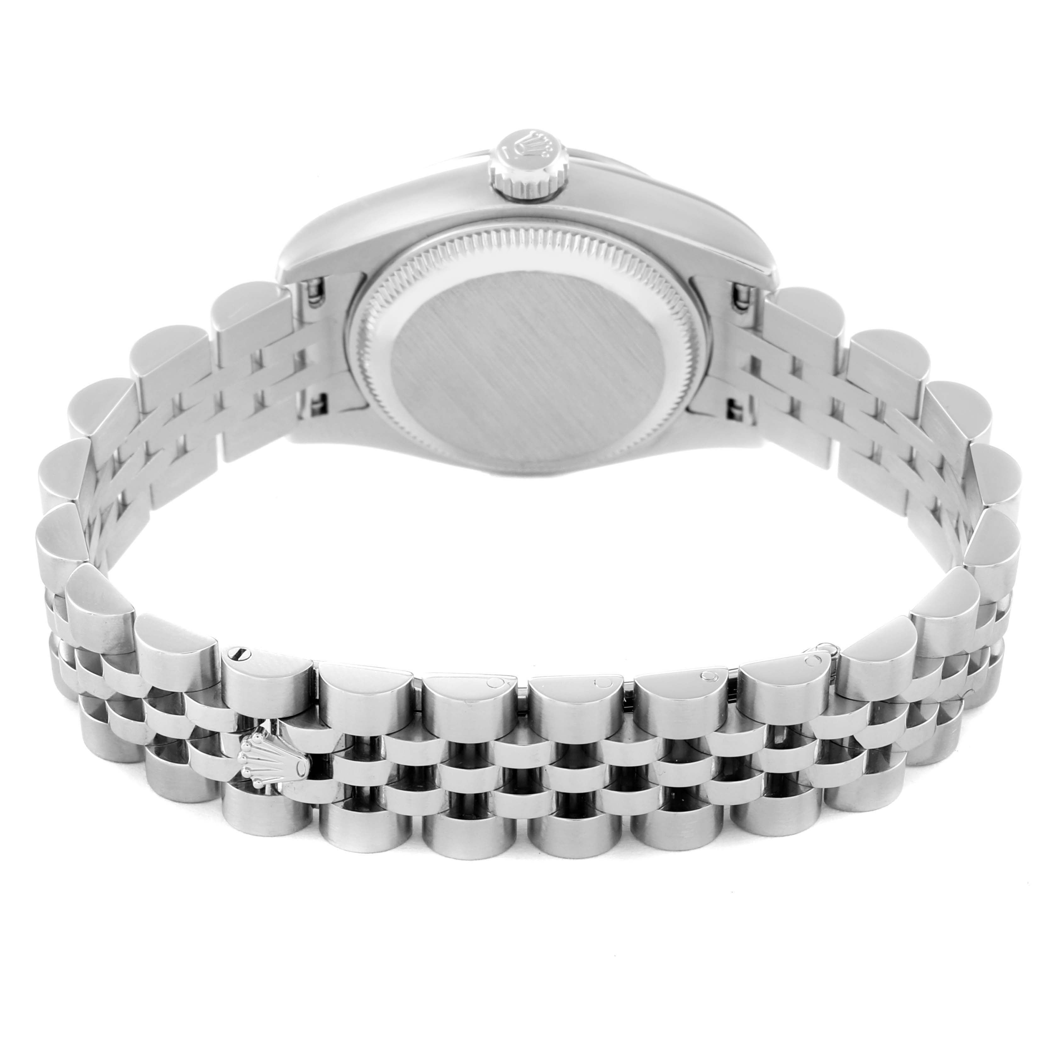 The image shows the back case and Jubilee bracelet of a Rolex Datejust 179174 Women
s Stainless Steel Mother of Pearl Dial 179174 Women
s Stainless Steel Mother of Pearl Dial watch from a rear angle.