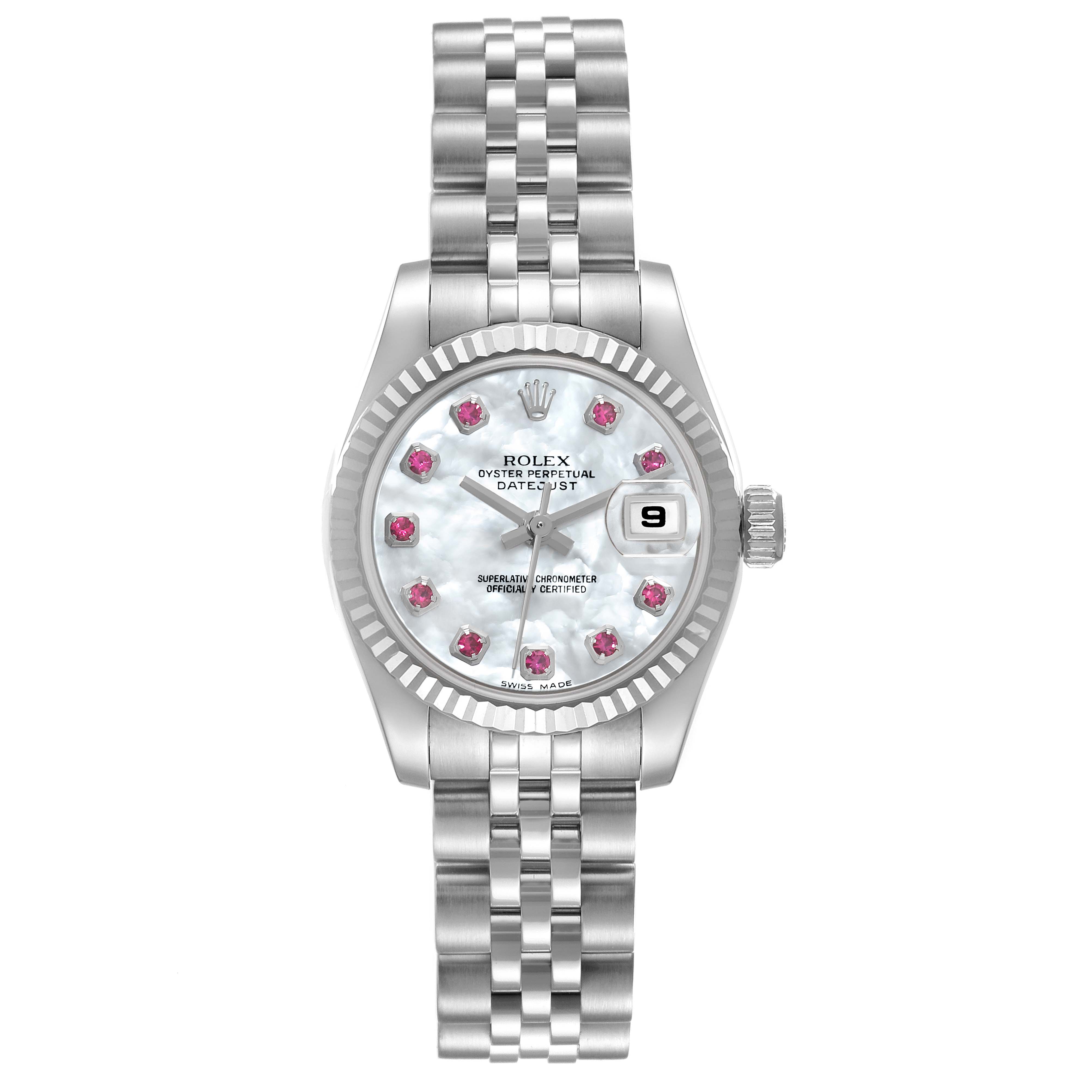The image shows a frontal view of a Rolex Datejust 179174 Women
s Stainless Steel Mother of Pearl Dial 179174 Women
s Stainless Steel Mother of Pearl Dial watch, displaying its face, bezel, and bracelet.