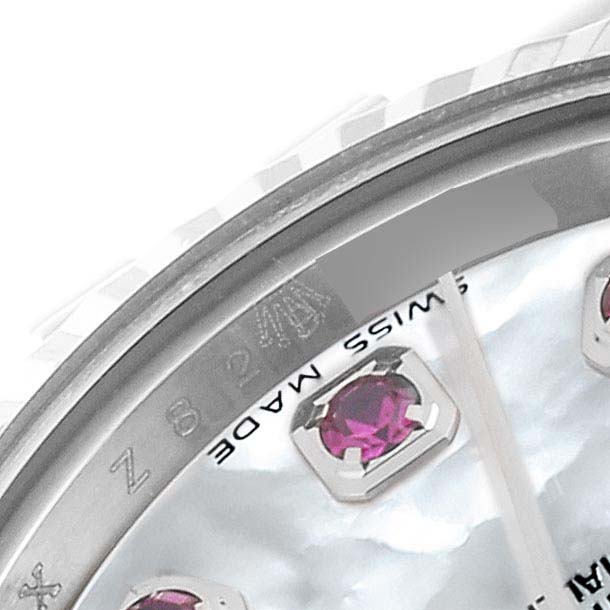 The close-up angle shows part of the dial, bezel, and 
SWISS MADE
 text of a Rolex Datejust 179174 Women
s Stainless Steel Mother of Pearl Dial 179174 Women
s Stainless Steel Mother of Pearl Dial watch.