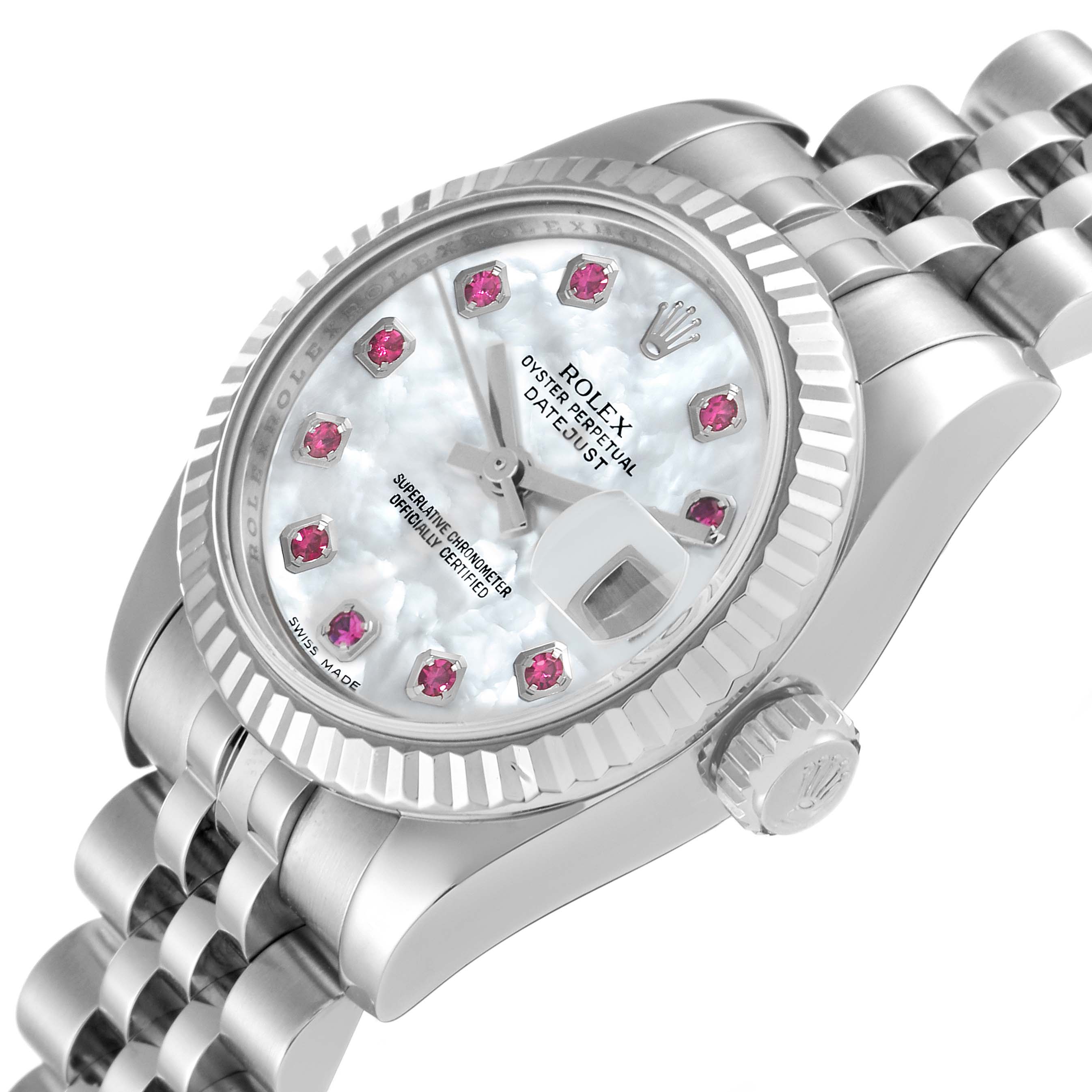 The image shows a semi-side view of a Rolex Datejust 179174 Women
s Stainless Steel Mother of Pearl Dial 179174 Women
s Stainless Steel Mother of Pearl Dial watch, featuring its dial, bezel, crown, and part of the bracelet.