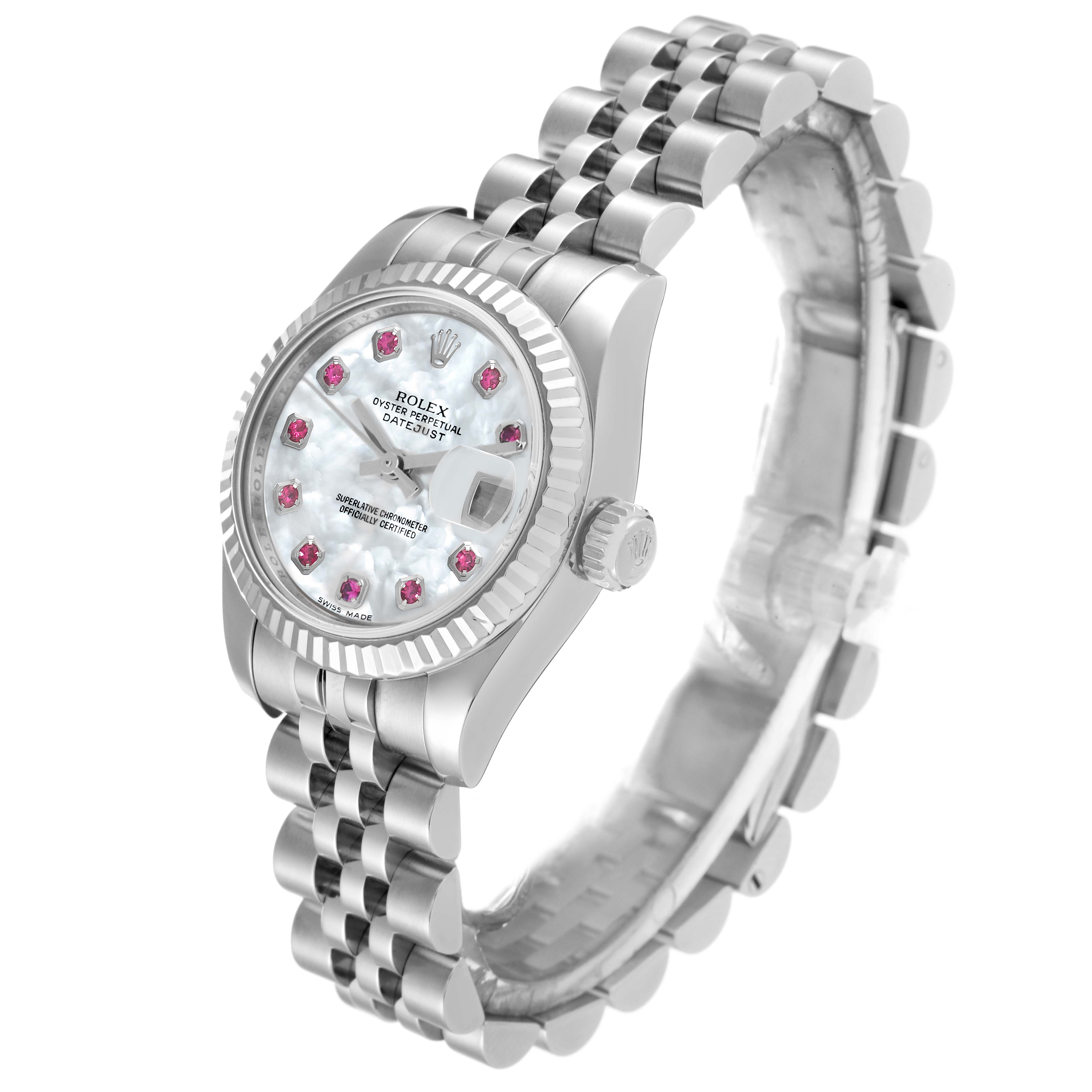 The Rolex Datejust 179174 Women
s Stainless Steel Mother of Pearl Dial 179174 Women
s Stainless Steel Mother of Pearl Dial model watch is shown at a tilted angle, highlighting the face, bezel, crown, and bracelet.