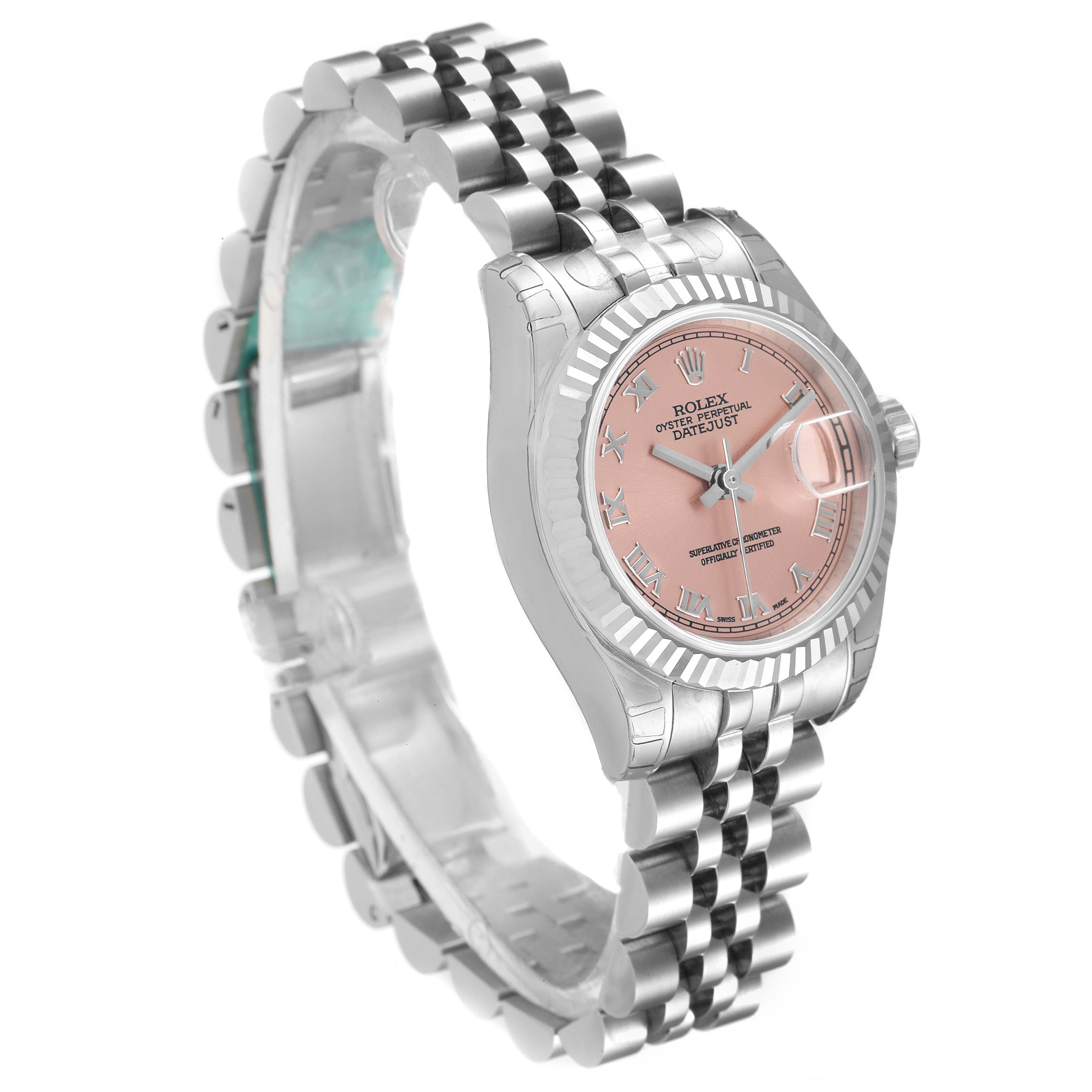 The image shows a Rolex Datejust 179174 Women's Stainless Steel Pink Dial 179174 Women's Stainless Steel Pink Dial watch at a three-quarter angle, displaying the dial, bezel, crown, and bracelet.