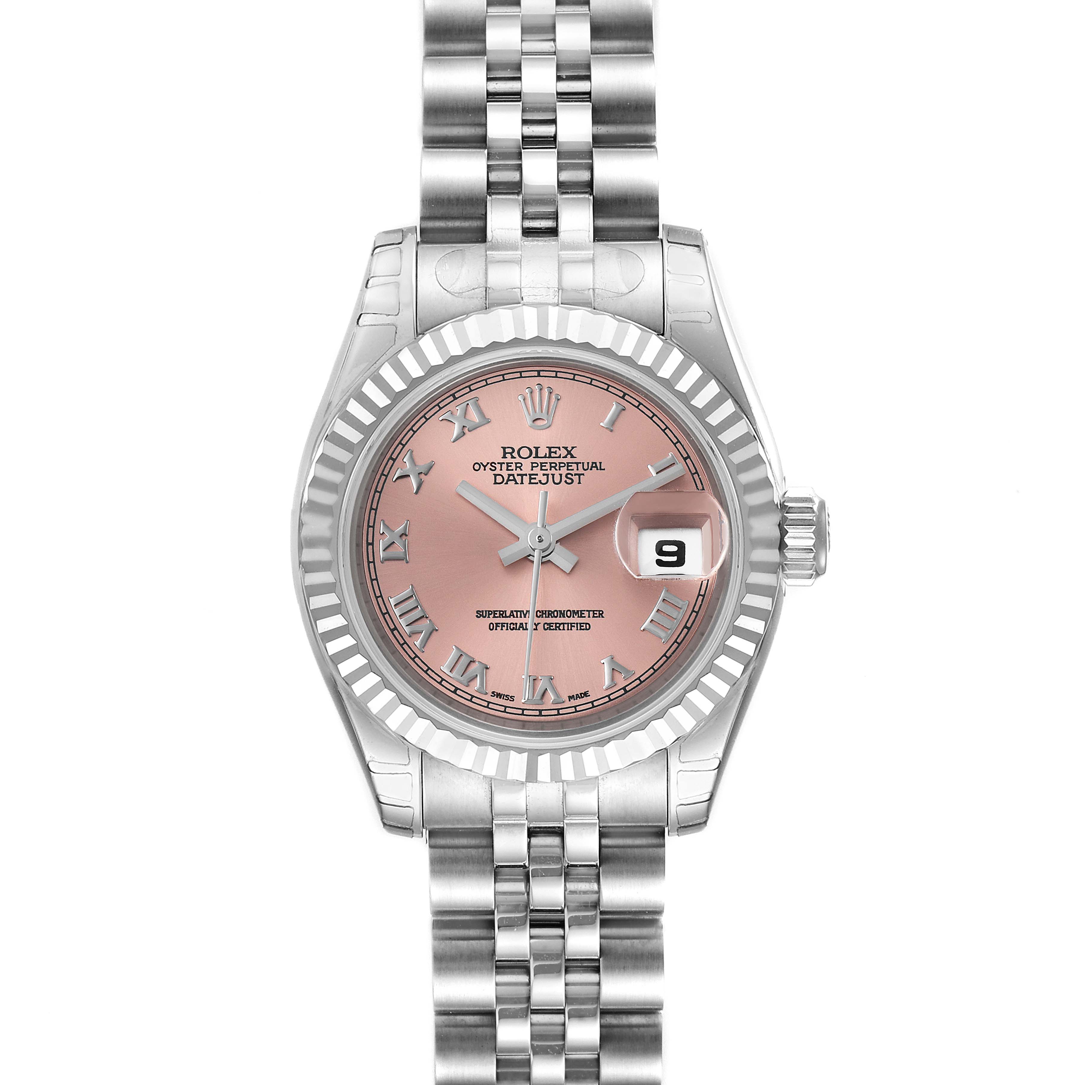 This image shows a Rolex Datejust 179174 Women's Stainless Steel Pink Dial 179174 Women's Stainless Steel Pink Dial watch from a top-down angle, highlighting the dial, case, and bracelet.