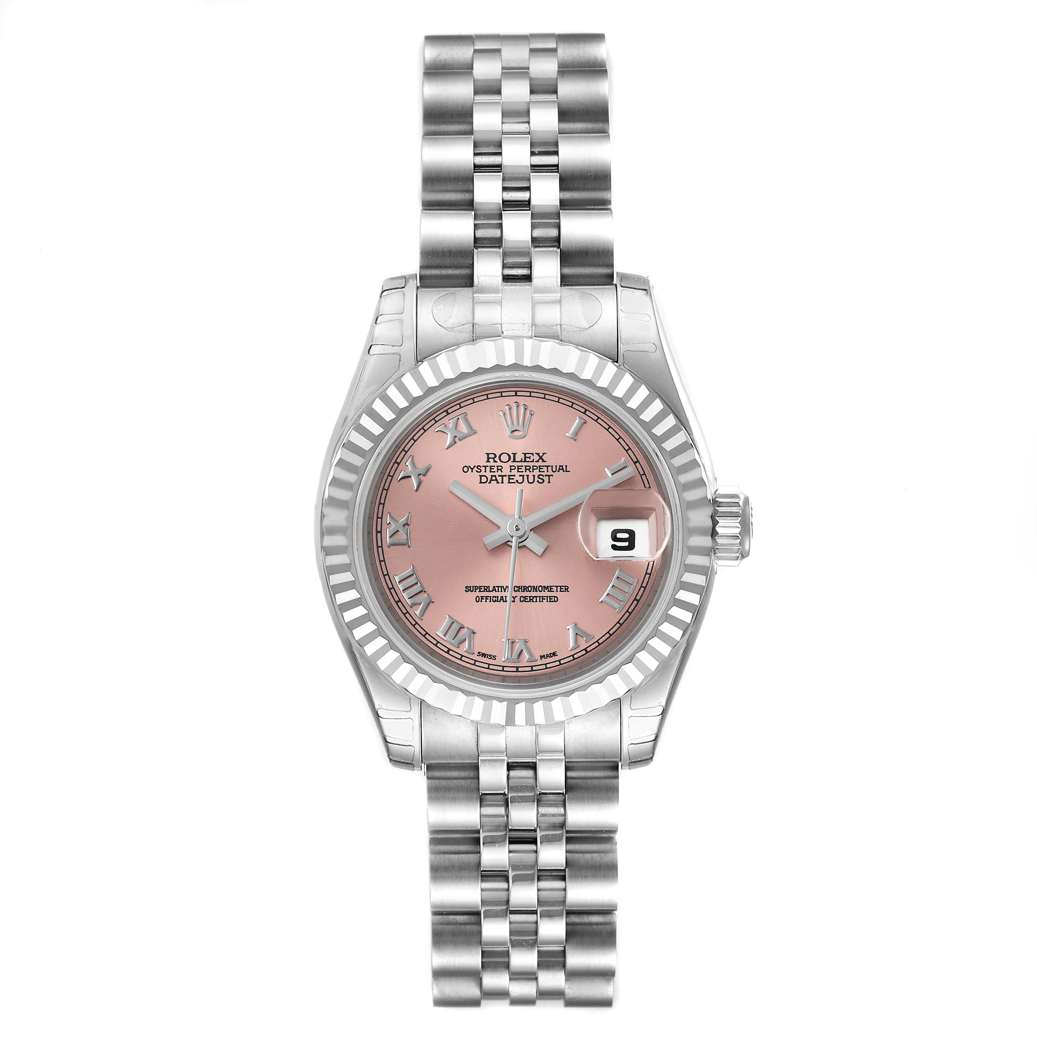 This image shows a Rolex Datejust 179174 Women's Stainless Steel Pink Dial 179174 Women's Stainless Steel Pink Dial watch from a top-down angle, displaying the pink dial, fluted bezel, jubilee bracelet, and date window.