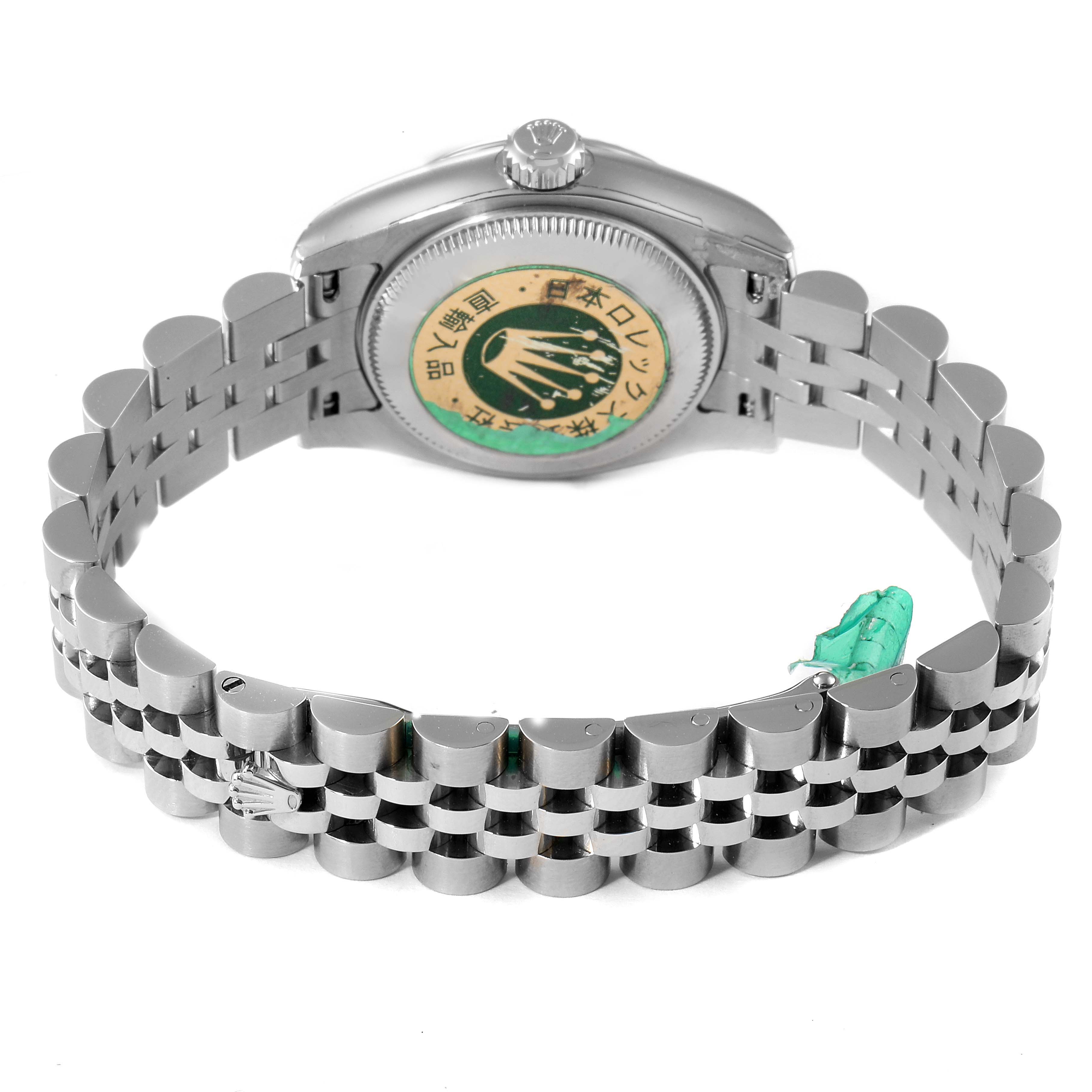 This image shows the back side of the Rolex Datejust 179174 Women's Stainless Steel Pink Dial 179174 Women's Stainless Steel Pink Dial model, including its case back and Jubilee bracelet.