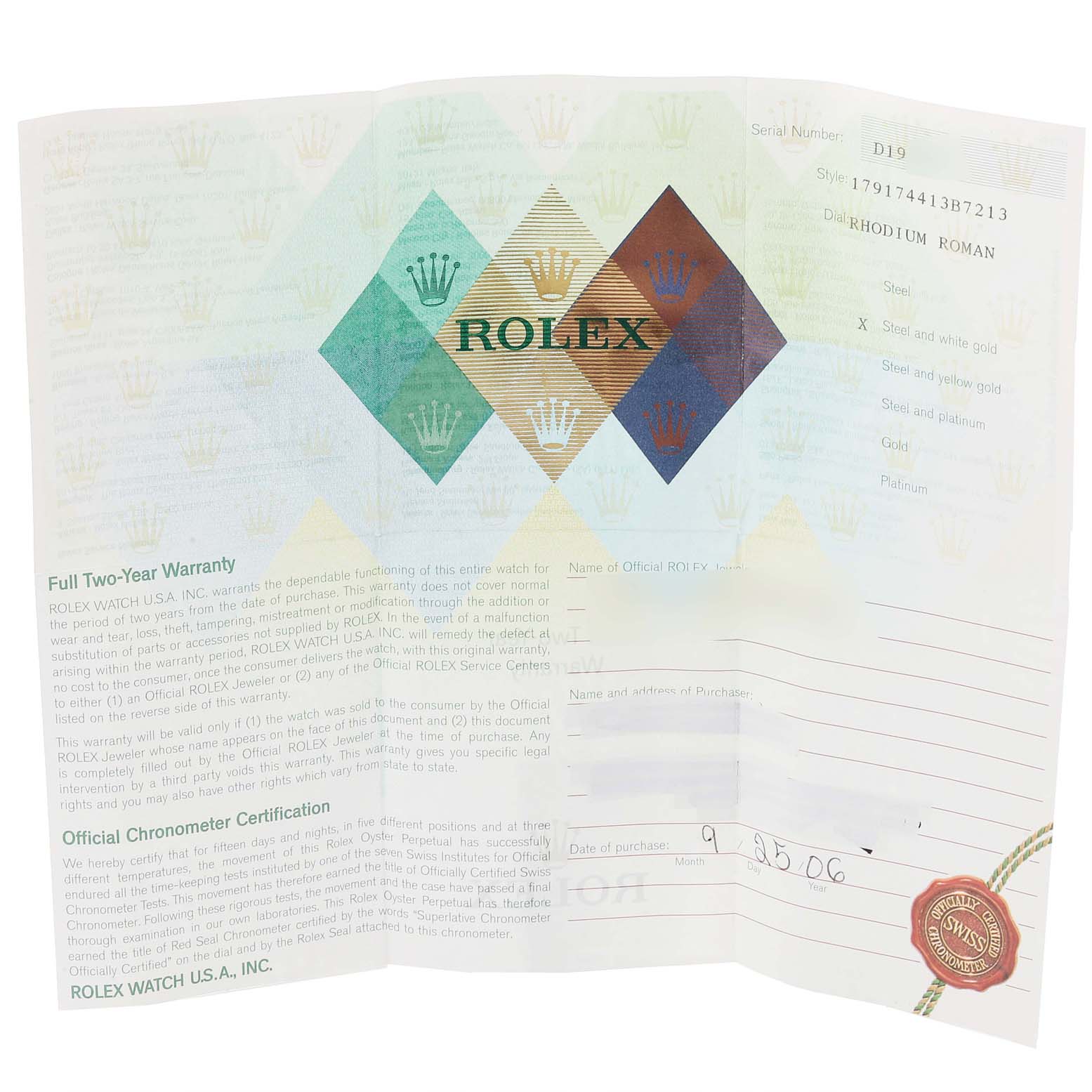 The image shows the warranty and certification papers for a Rolex Datejust 179174 Women's Stainless Steel Silver Dial 179174 Women's Stainless Steel Silver Dial watch.